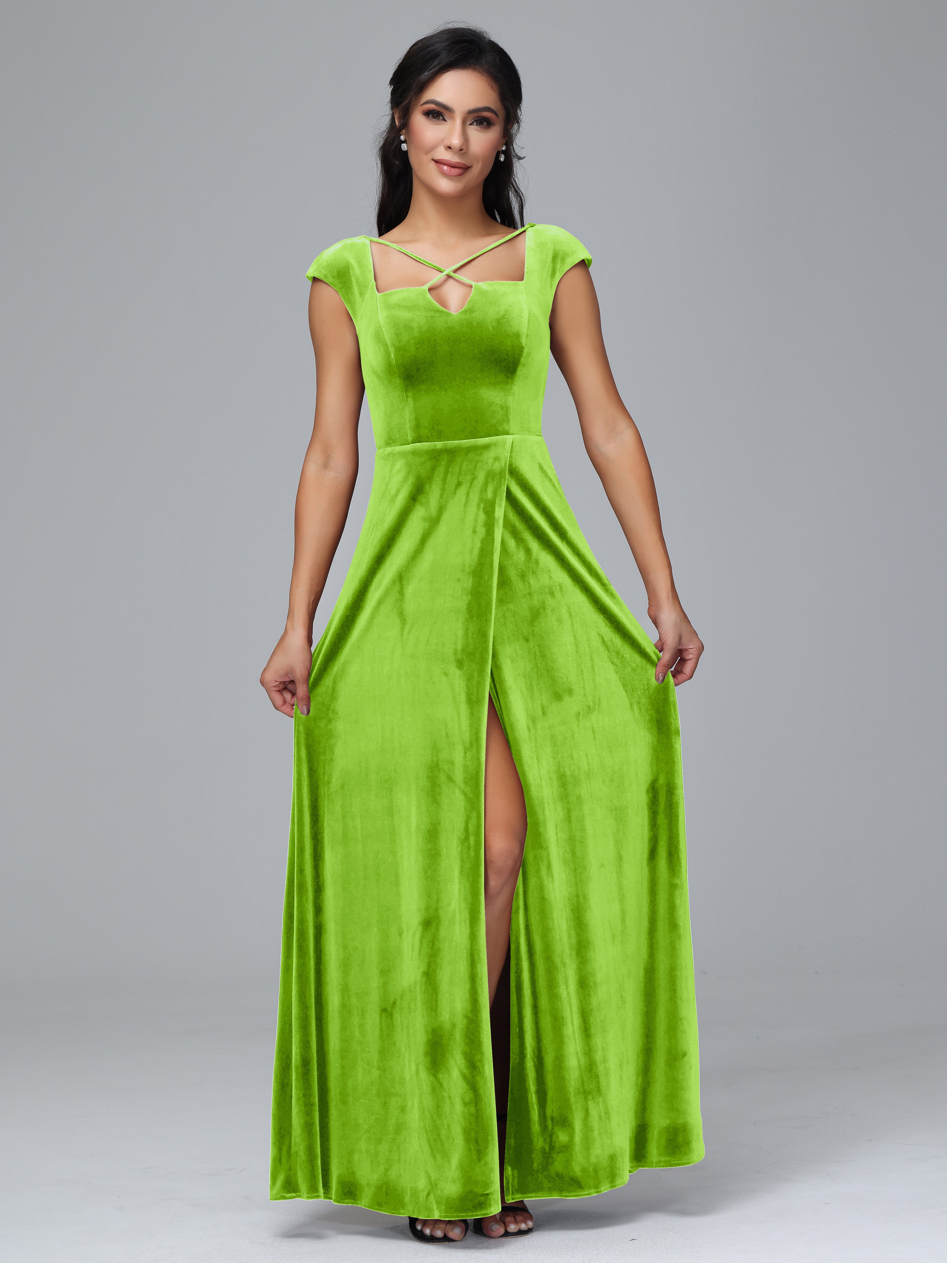 Cap Sleeves Velvet Plus Size Bridesmaid Dress With Slit