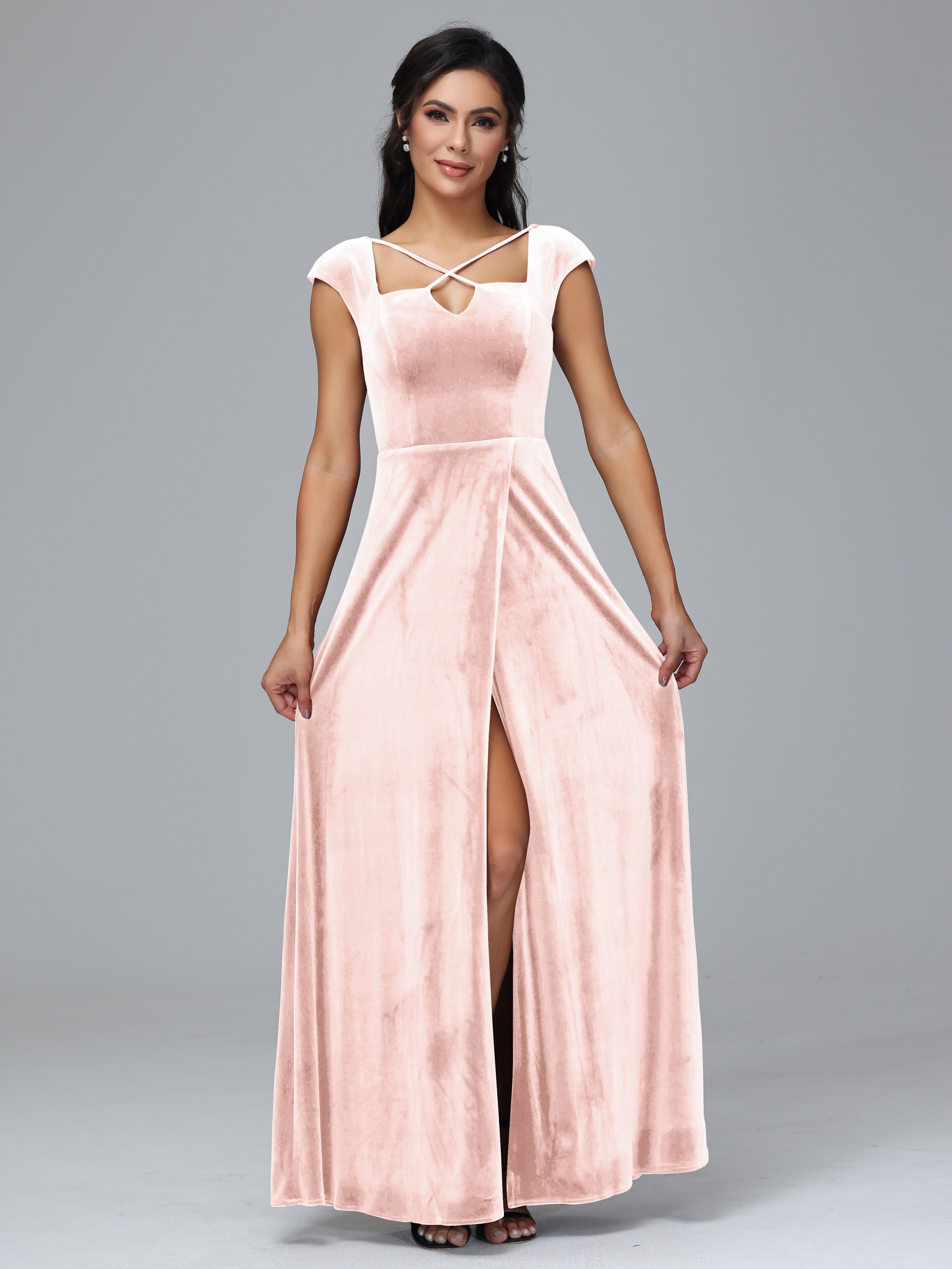 Cap Sleeves Velvet Plus Size Bridesmaid Dress With Slit