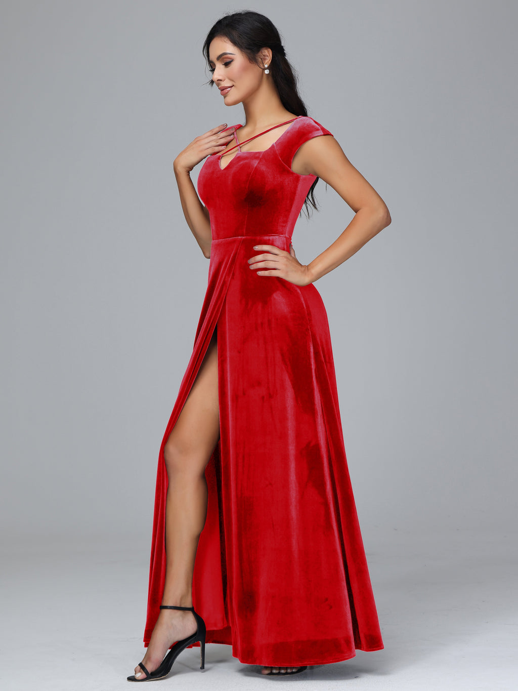 Cap Sleeves Velvet Plus Size Bridesmaid Dress With Slit