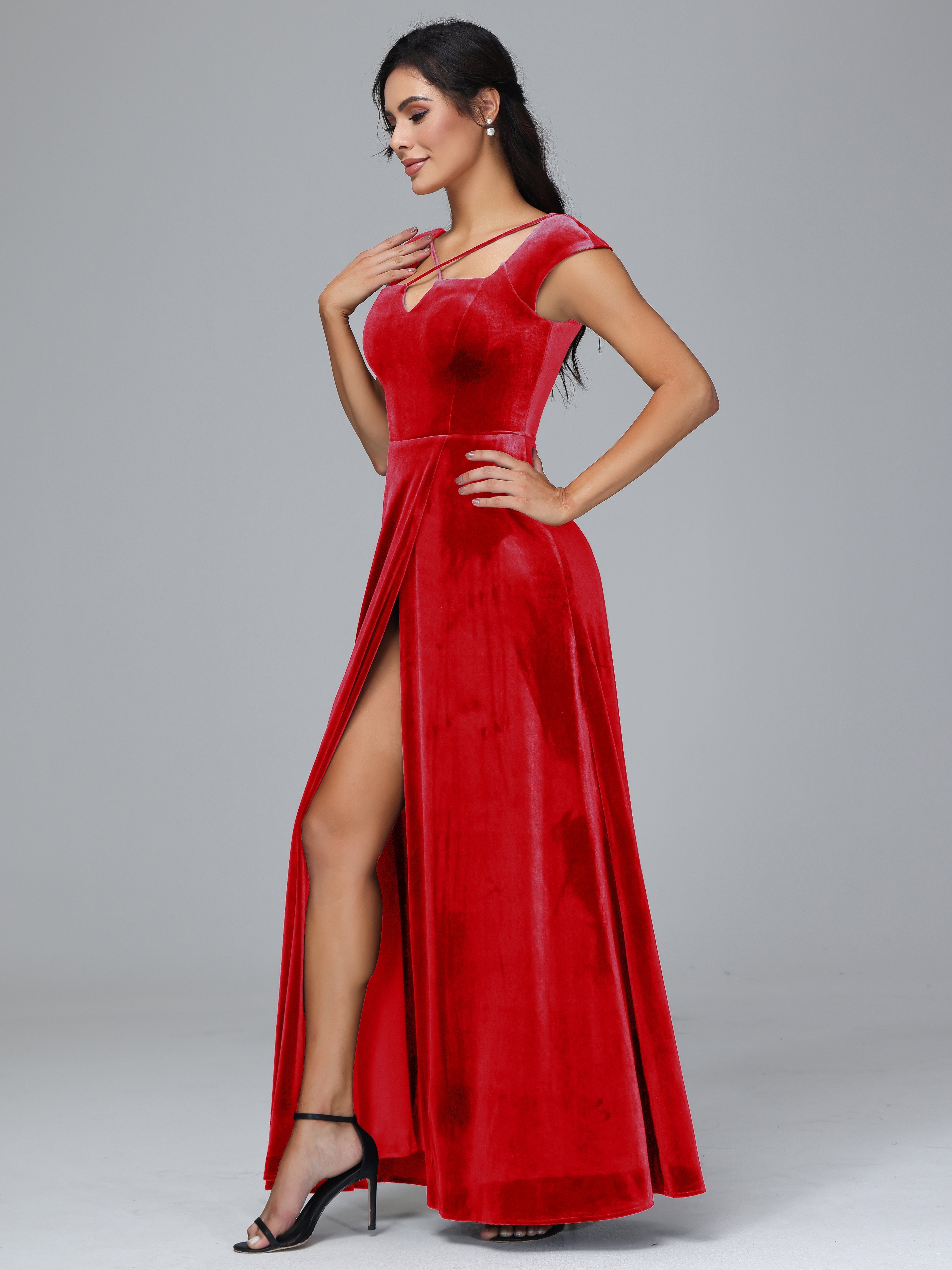Cap Sleeves Velvet Plus Size Bridesmaid Dress With Slit