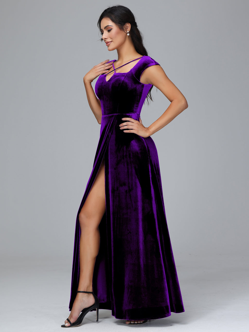 Cap Sleeves Velvet Plus Size Bridesmaid Dress With Slit