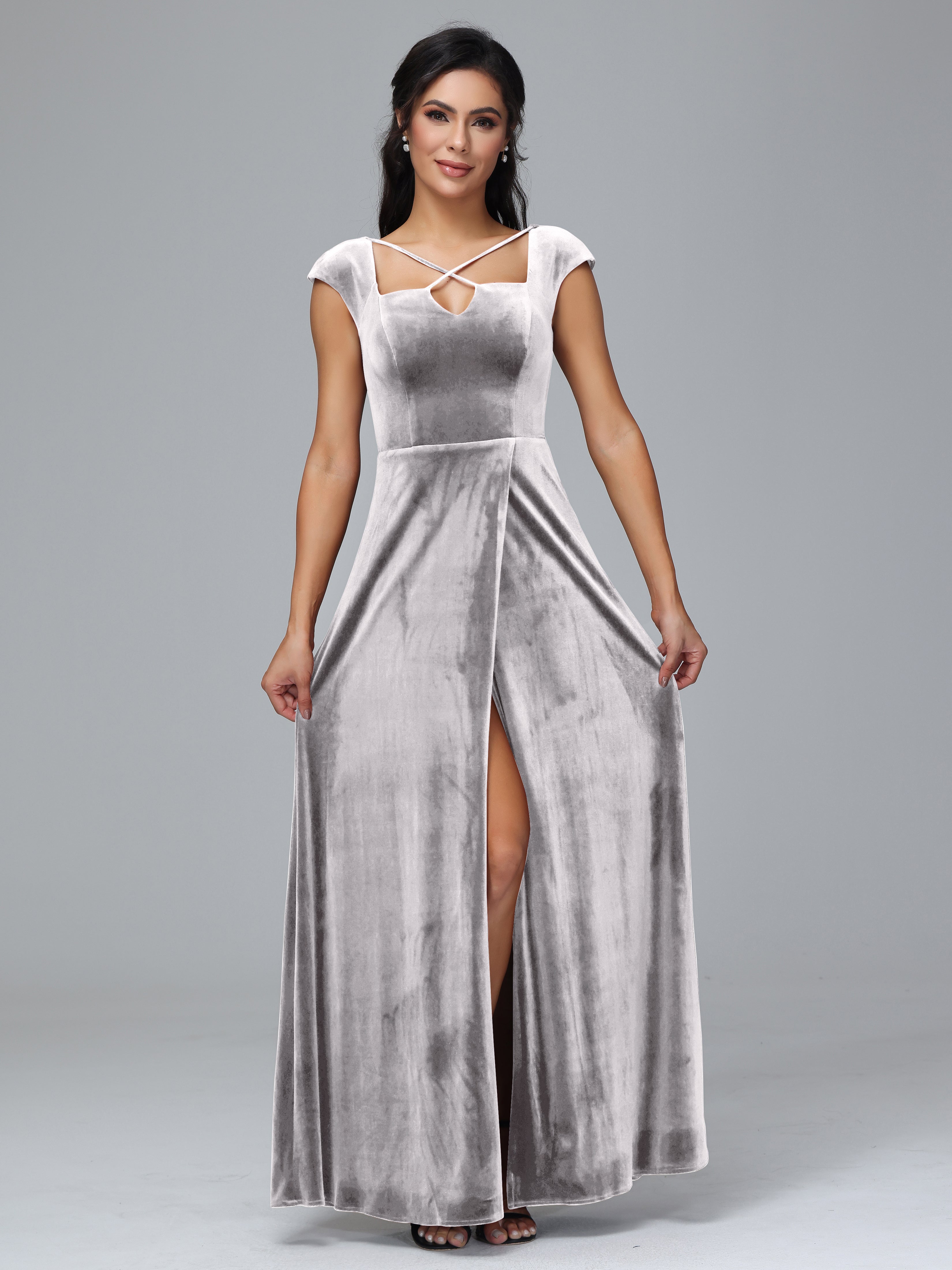 Cap Sleeves Velvet Plus Size Bridesmaid Dress With Slit