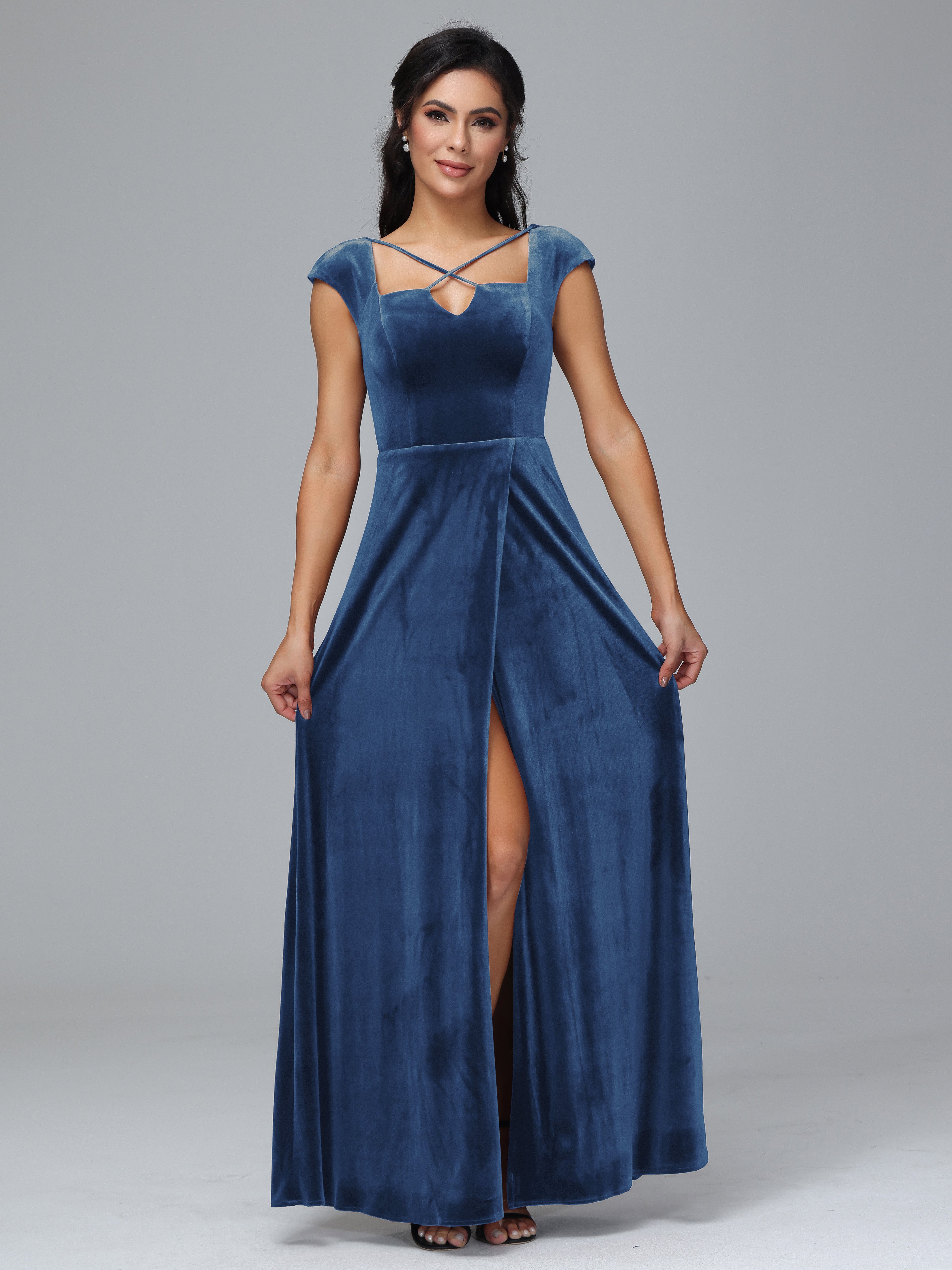 Cap Sleeves Velvet Plus Size Bridesmaid Dress With Slit