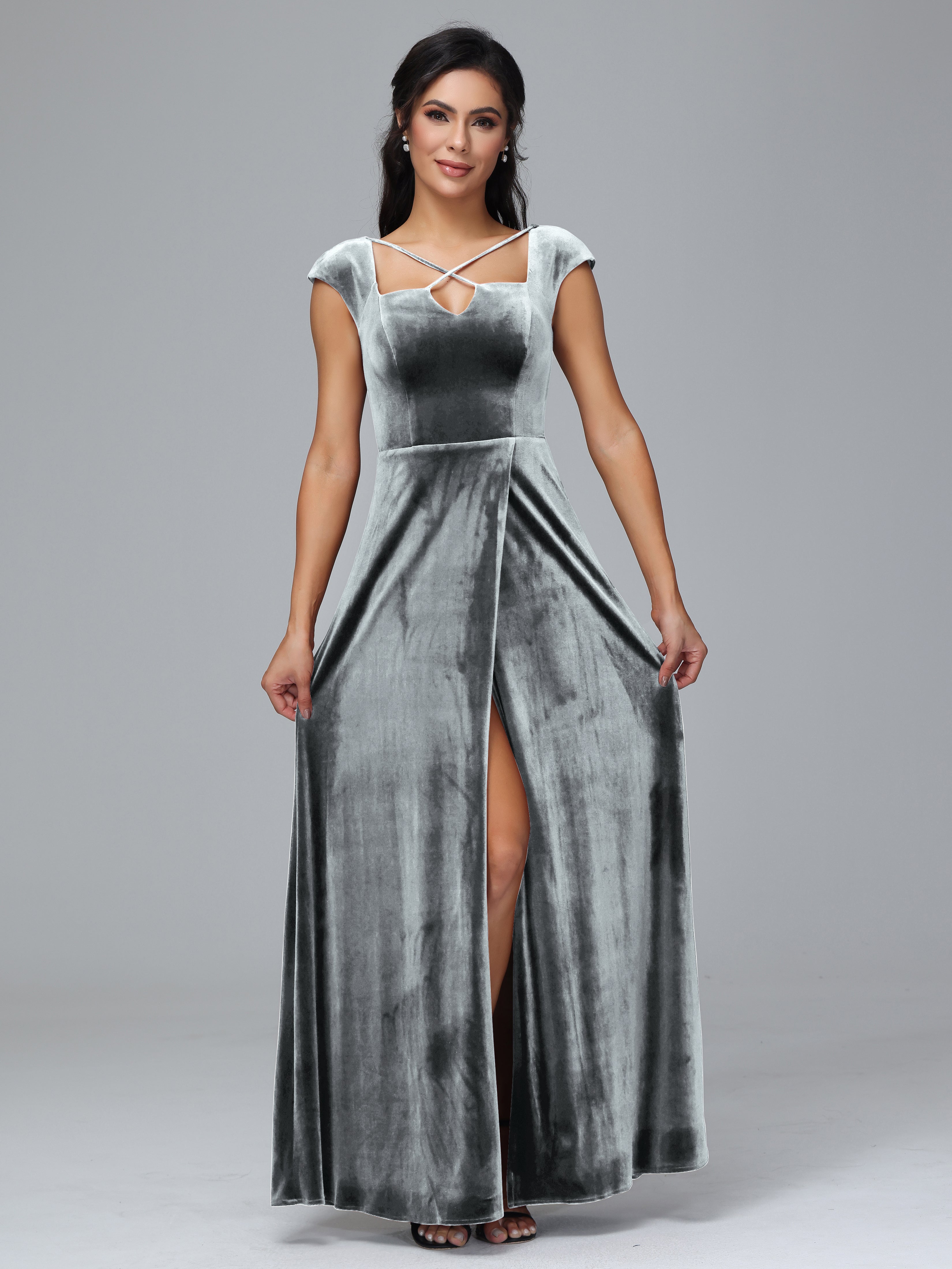 Cap Sleeves Velvet Plus Size Bridesmaid Dress With Slit