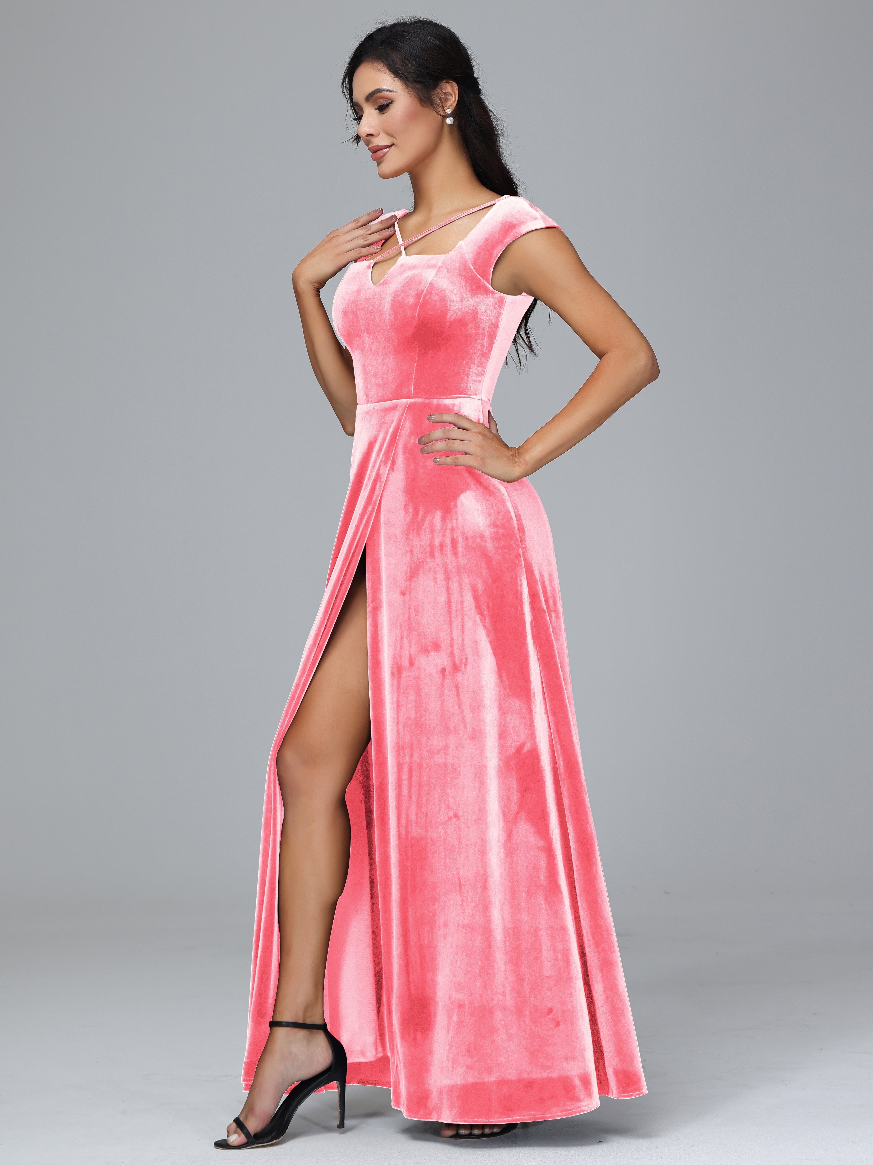 Cap Sleeves Velvet Plus Size Bridesmaid Dress With Slit