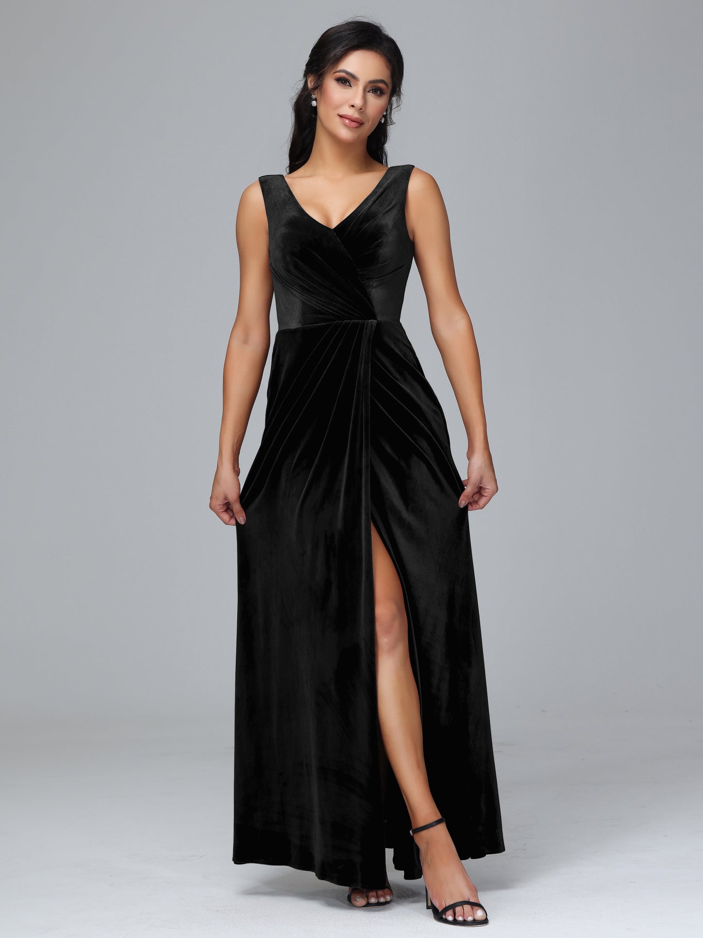 V Neck Velvet Bridesmaid Dress With Slit
