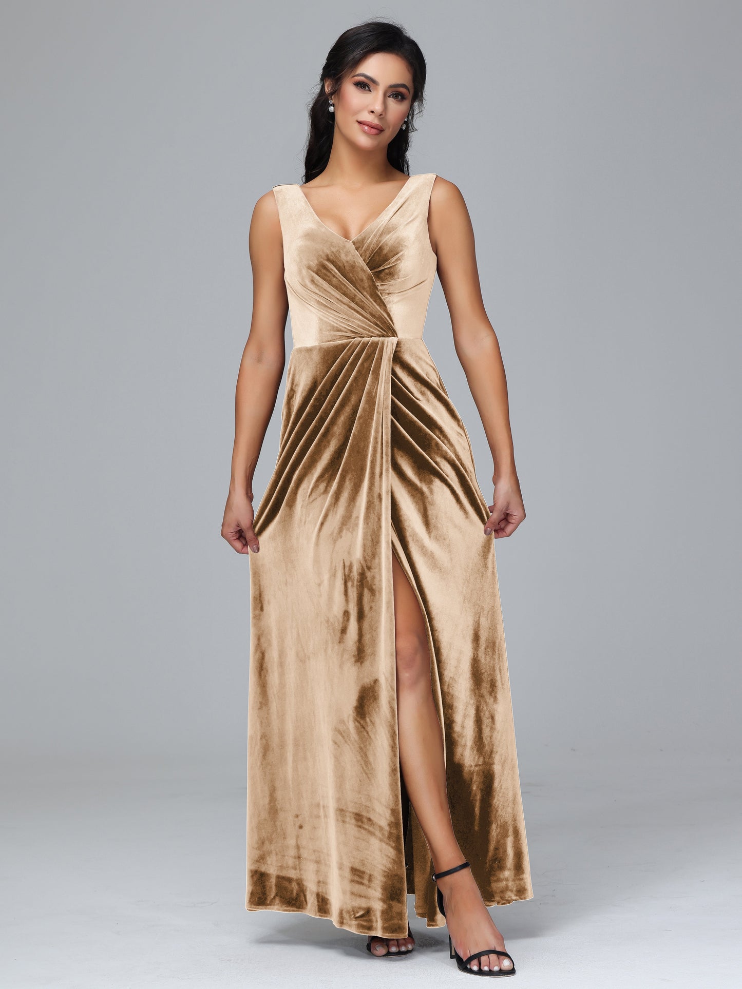 V Neck Velvet Bridesmaid Dress With Slit