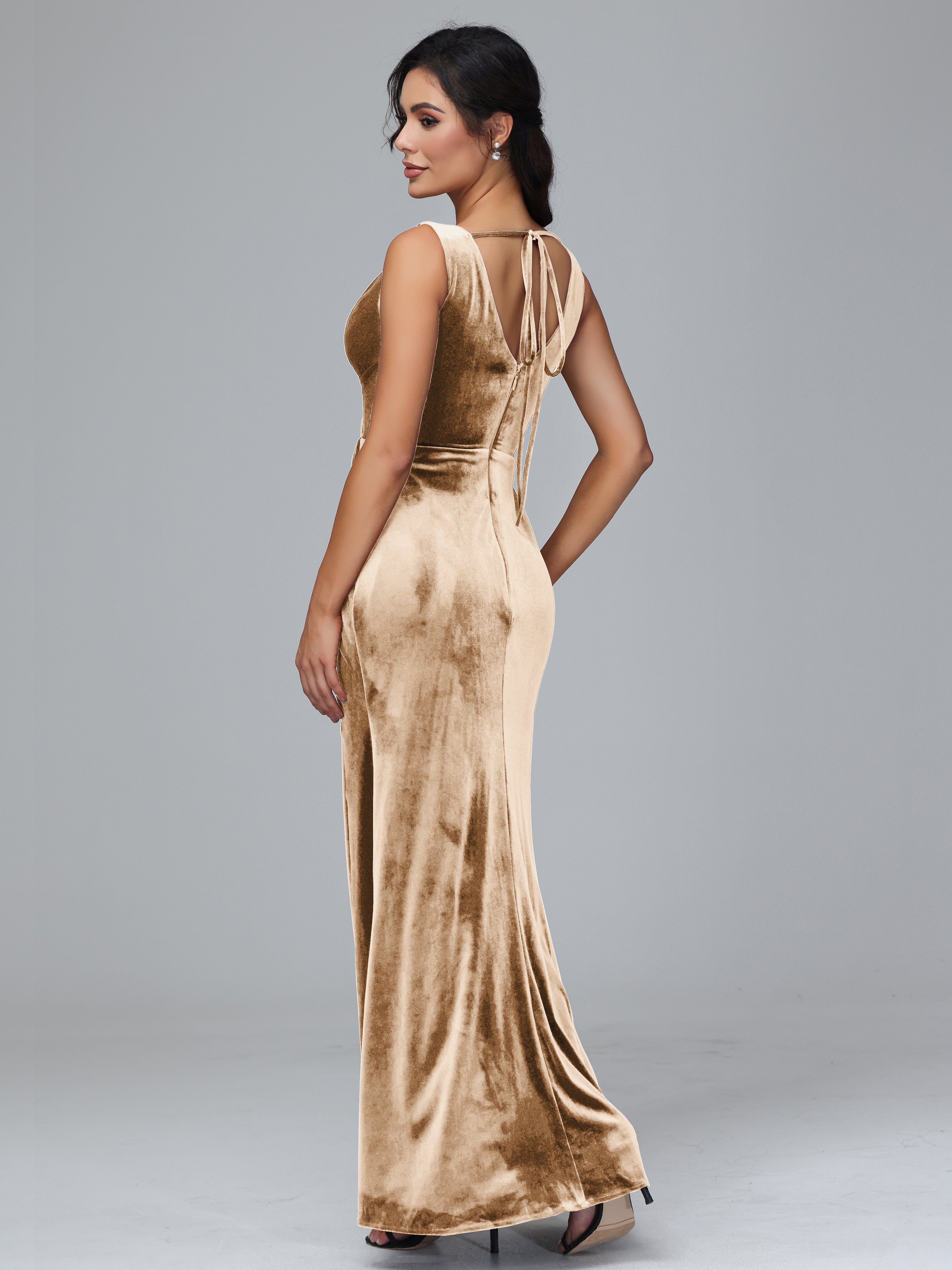 V Neck Velvet Bridesmaid Dress With Slit