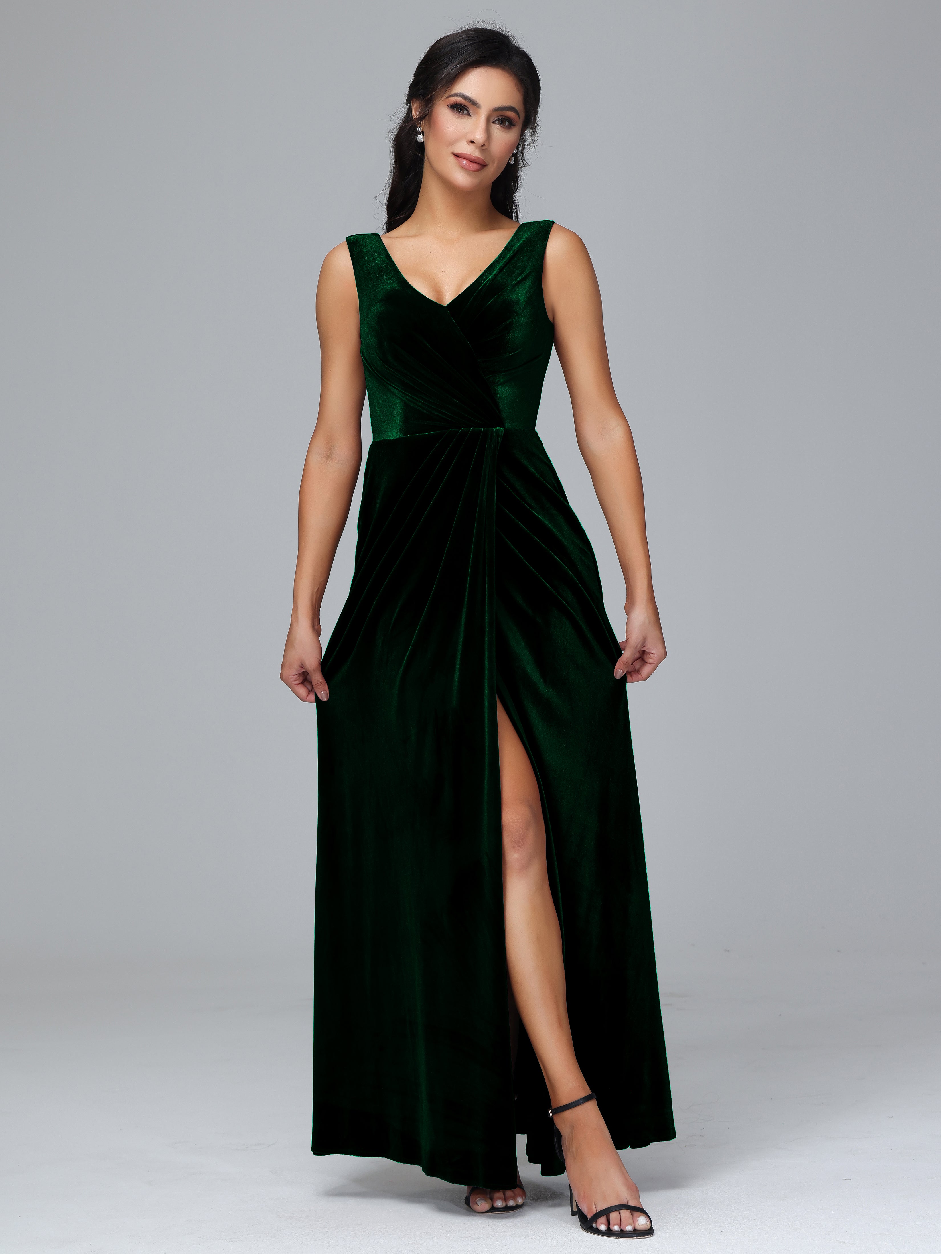 V Neck Velvet Bridesmaid Dress With Slit