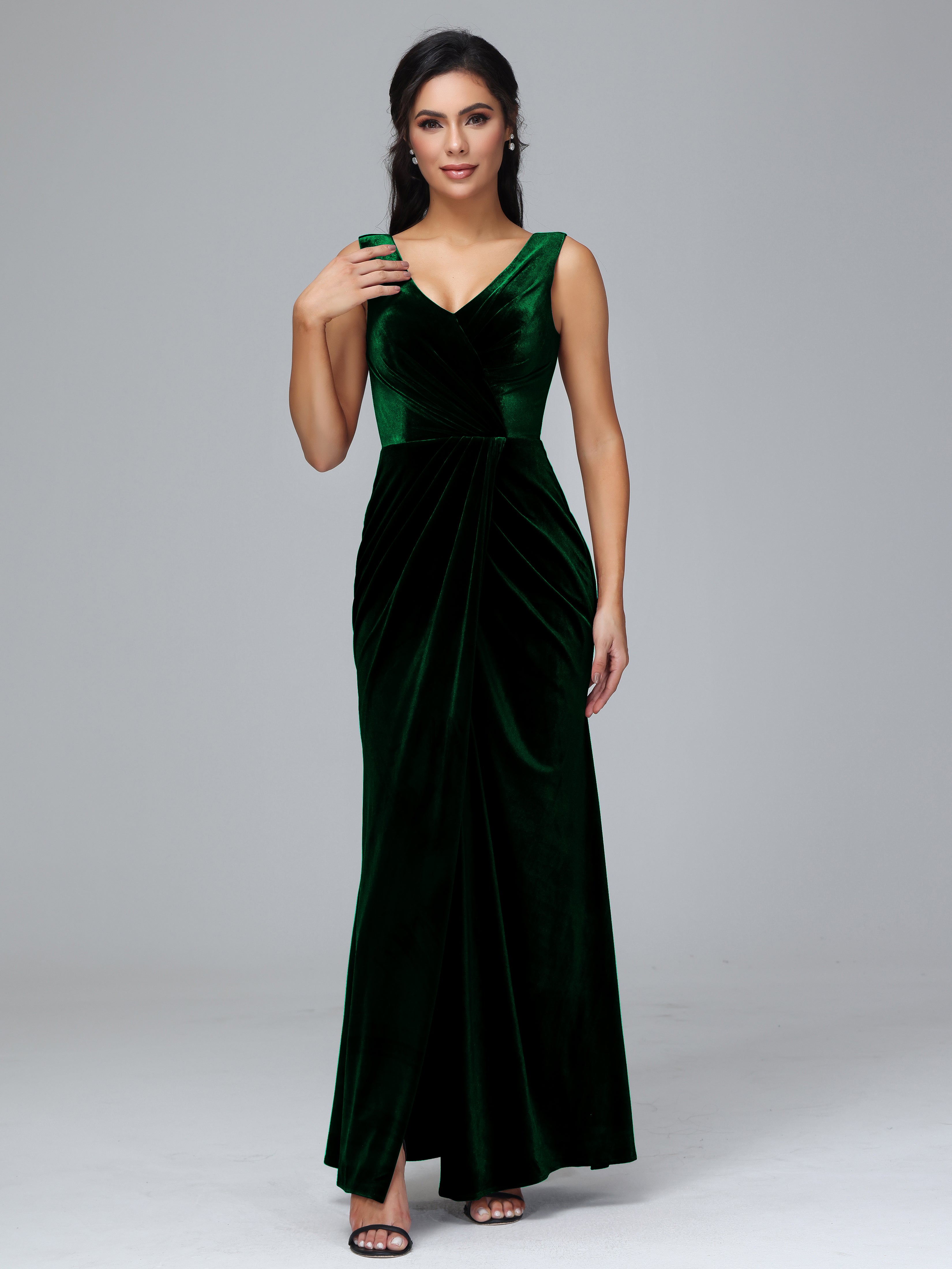 V Neck Velvet Bridesmaid Dress With Slit
