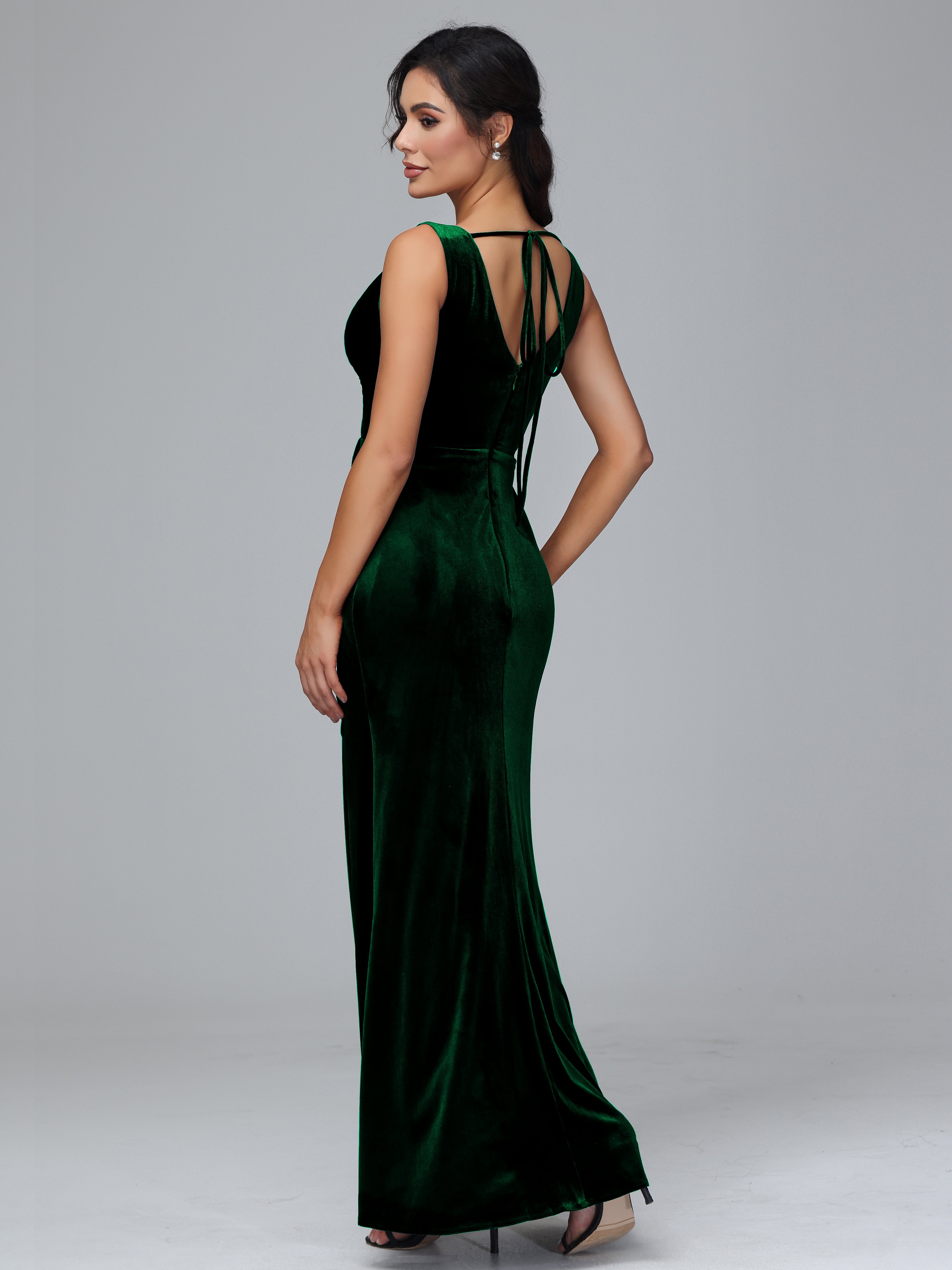 V Neck Velvet Bridesmaid Dress With Slit