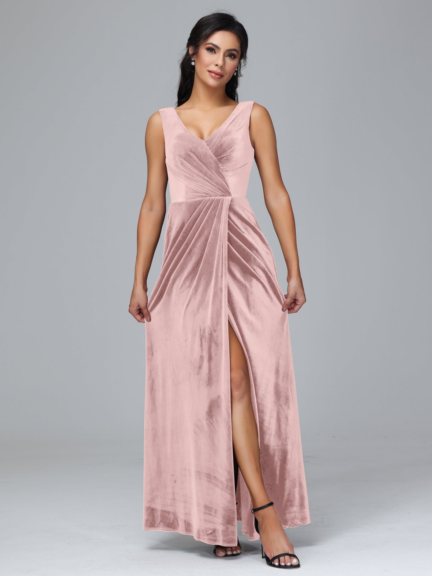 V Neck Velvet Bridesmaid Dress With Slit