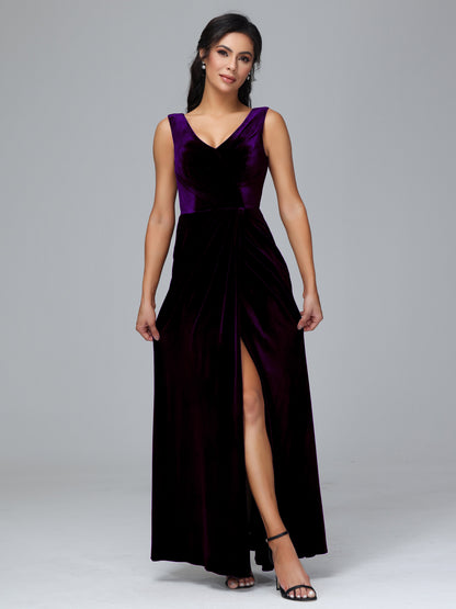 V Neck Velvet Bridesmaid Dress With Slit