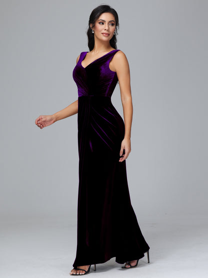 V Neck Velvet Bridesmaid Dress With Slit