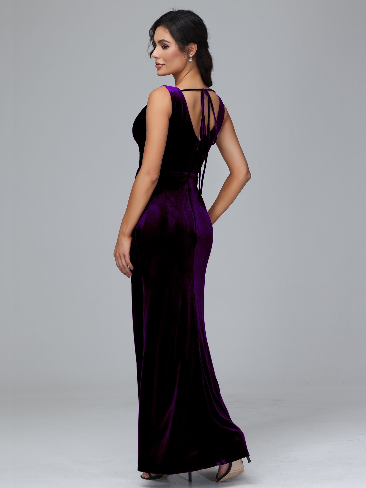 V Neck Velvet Bridesmaid Dress With Slit
