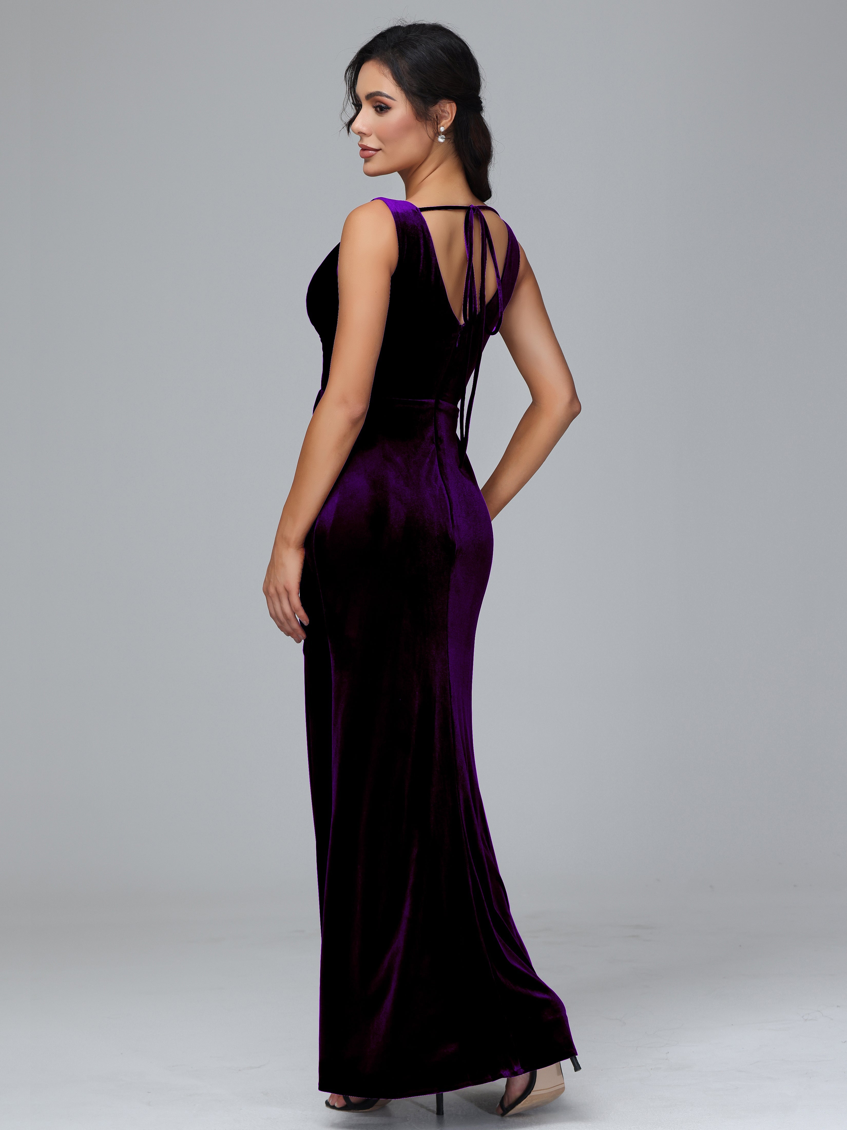 V Neck Velvet Bridesmaid Dress With Slit