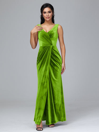 V Neck Velvet Bridesmaid Dress With Slit