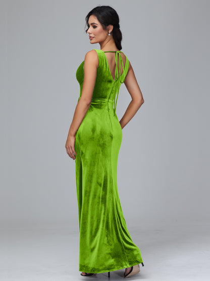 V Neck Velvet Bridesmaid Dress With Slit