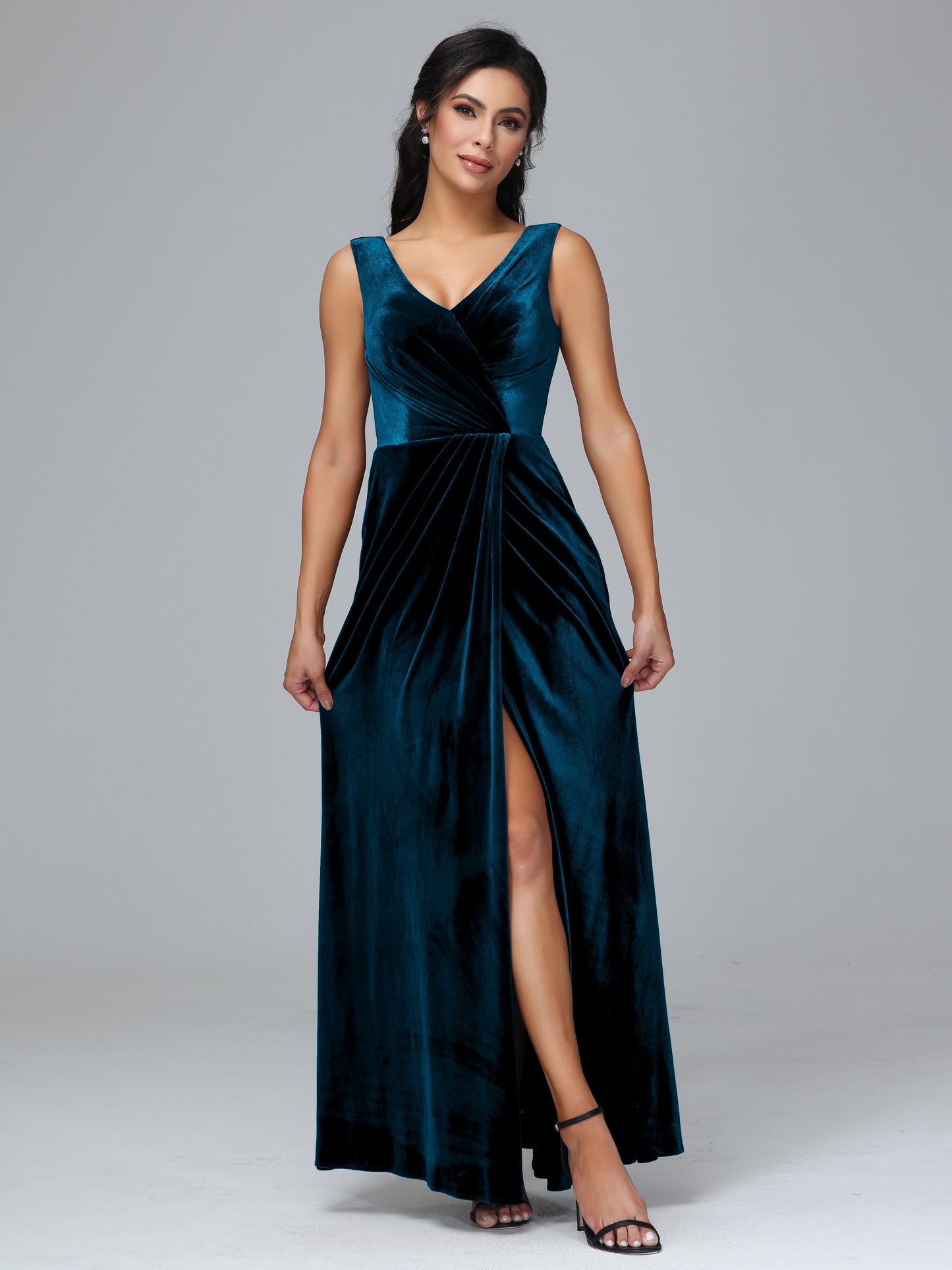 V Neck Velvet Bridesmaid Dress With Slit