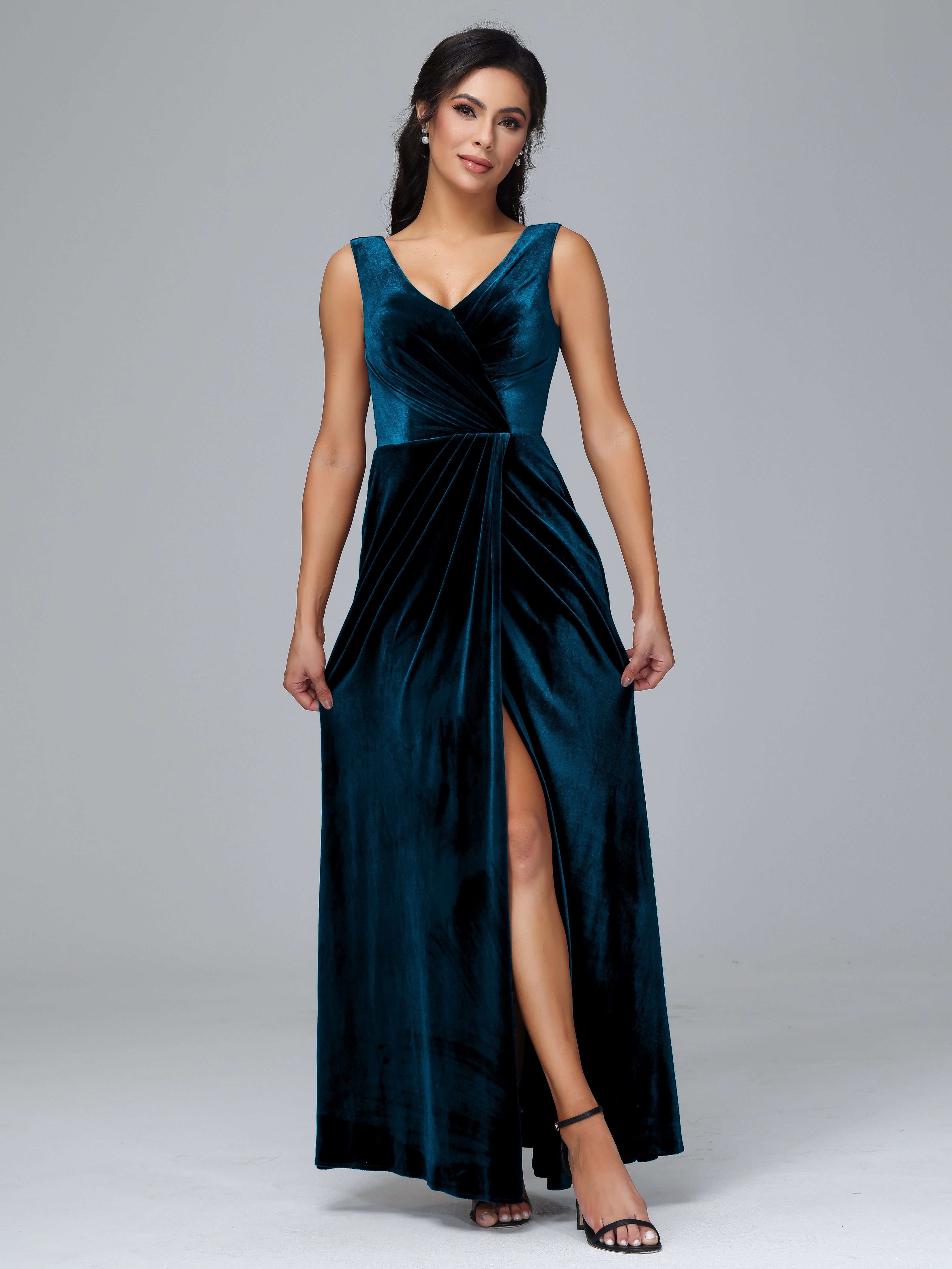 V Neck Velvet Bridesmaid Dress With Slit