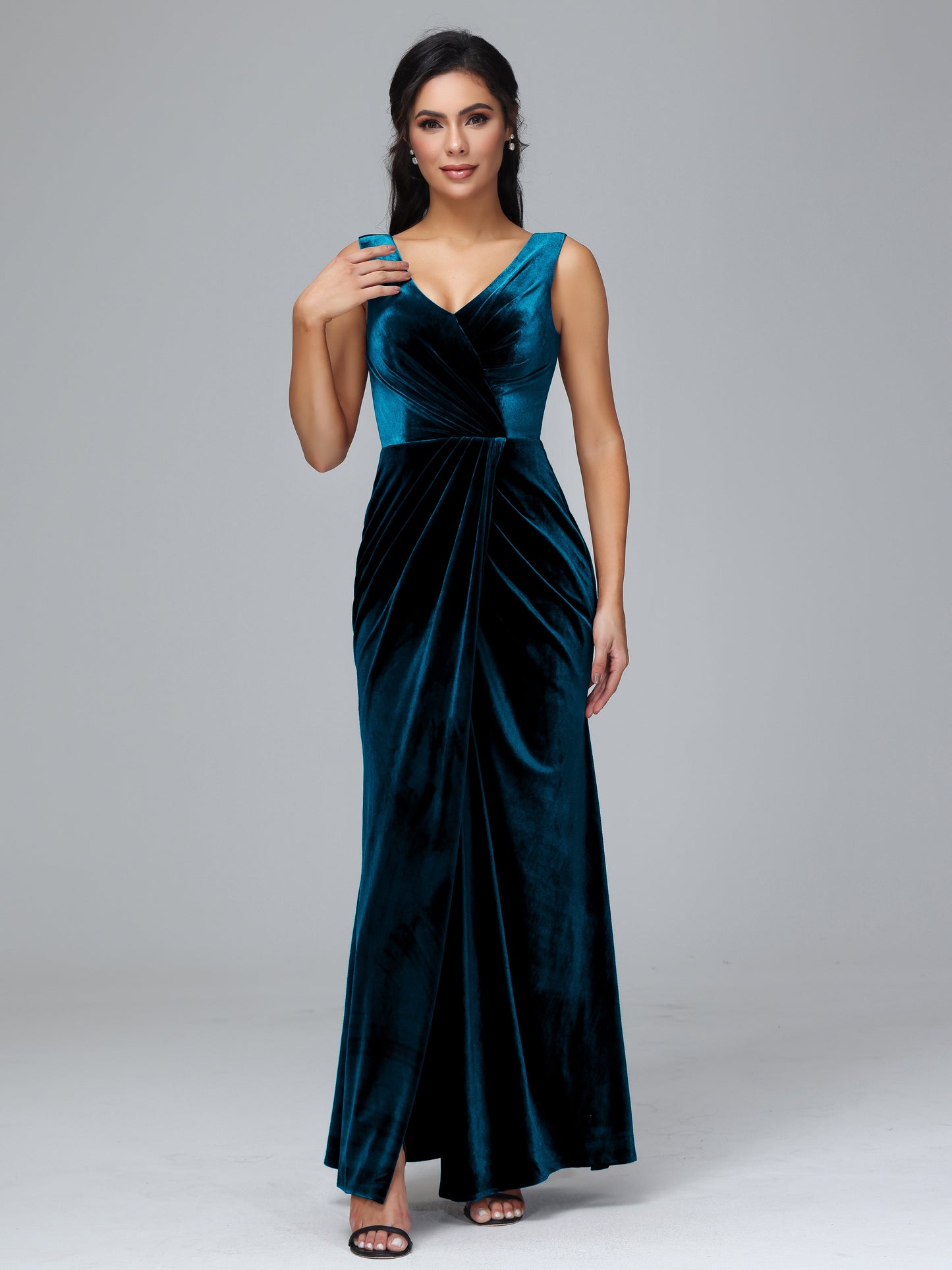 V Neck Velvet Bridesmaid Dress With Slit