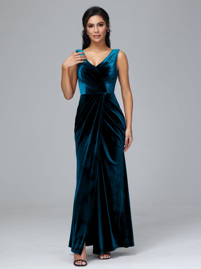 V Neck Velvet Bridesmaid Dress With Slit