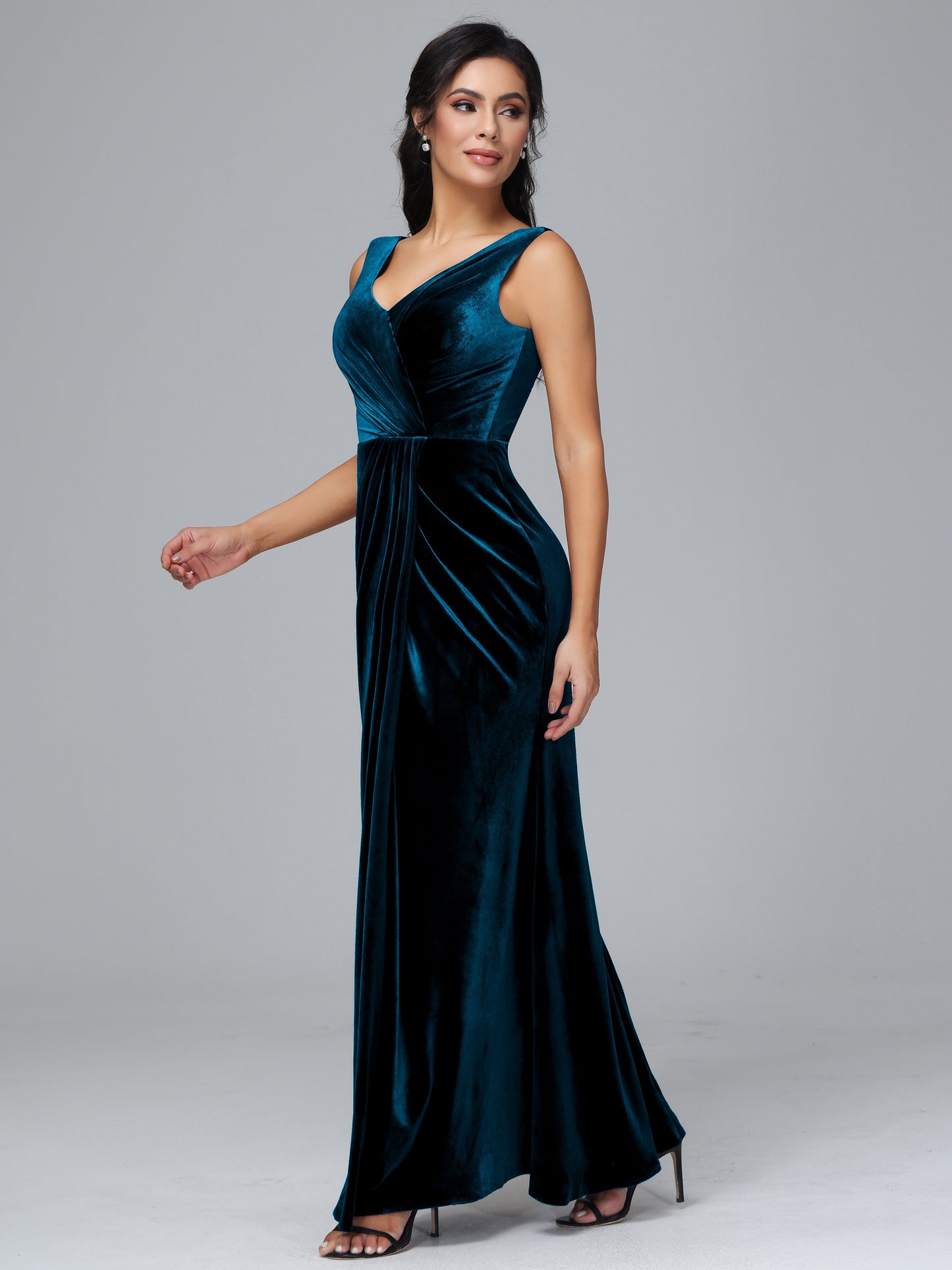 V Neck Velvet Bridesmaid Dress With Slit