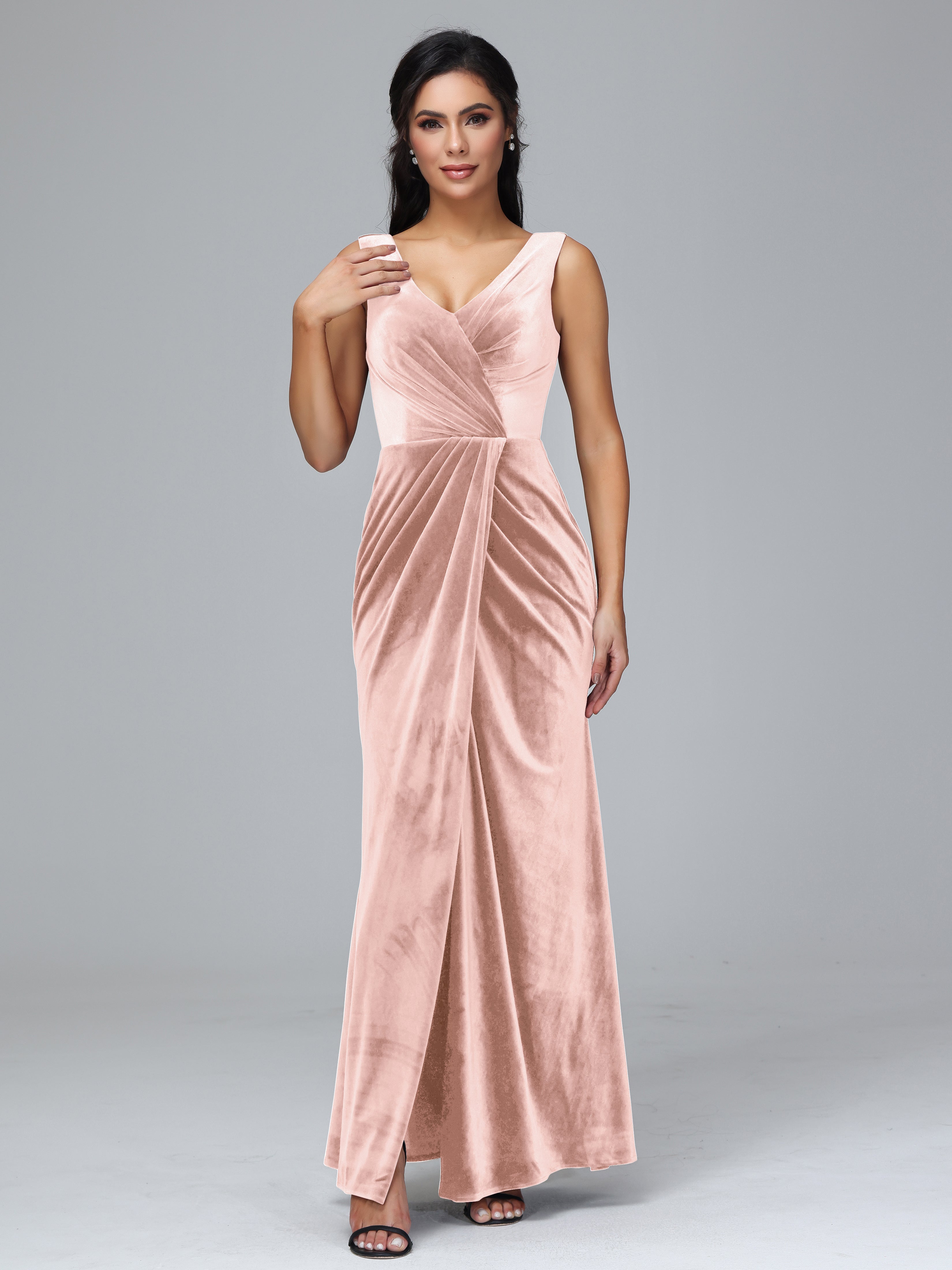 V Neck Velvet Bridesmaid Dress With Slit