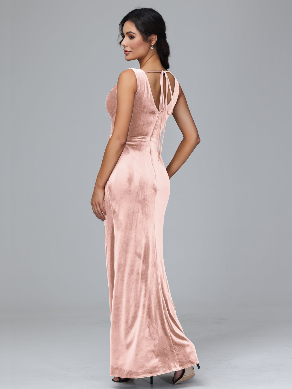V Neck Velvet Bridesmaid Dress With Slit