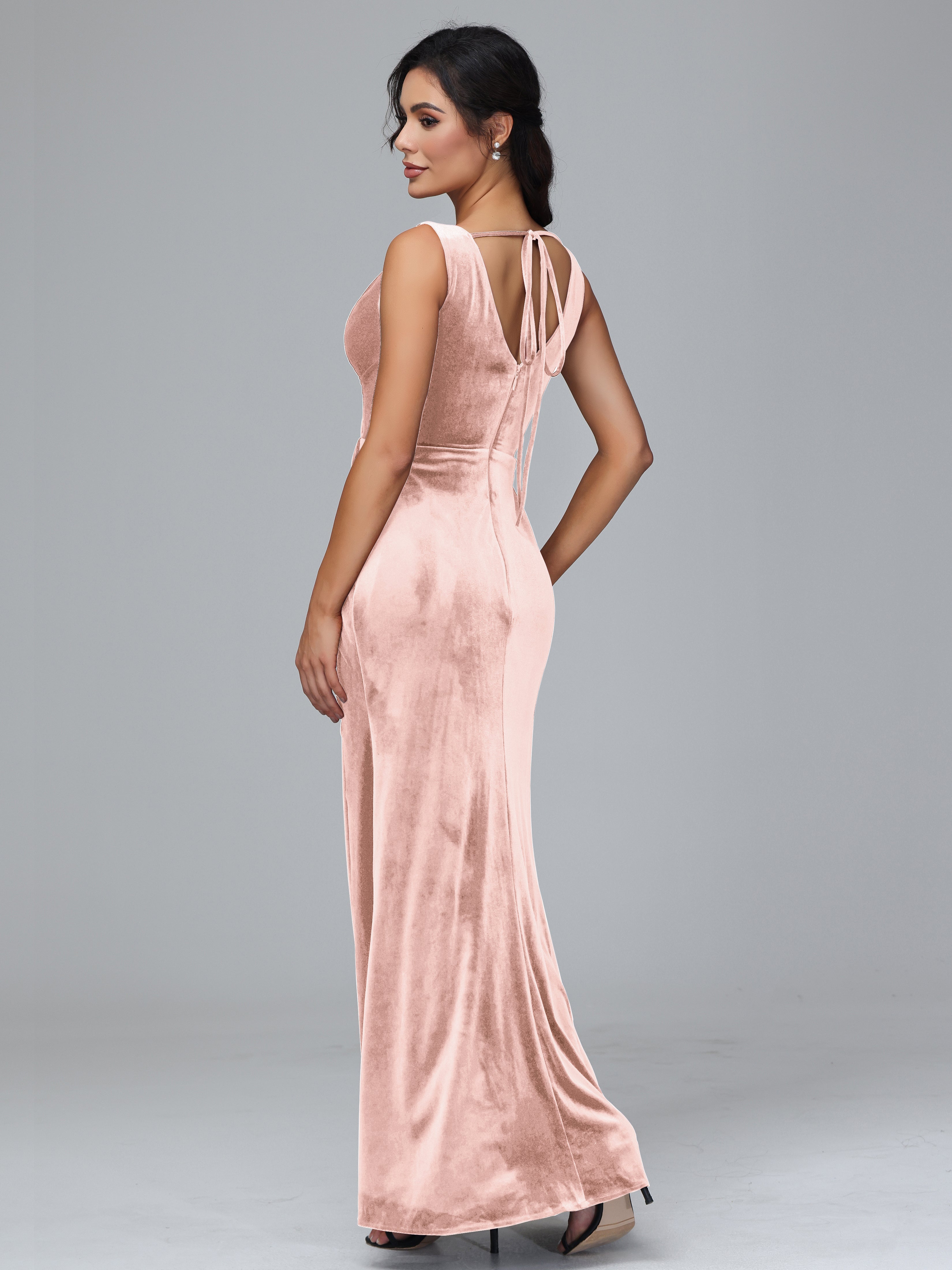 V Neck Velvet Bridesmaid Dress With Slit