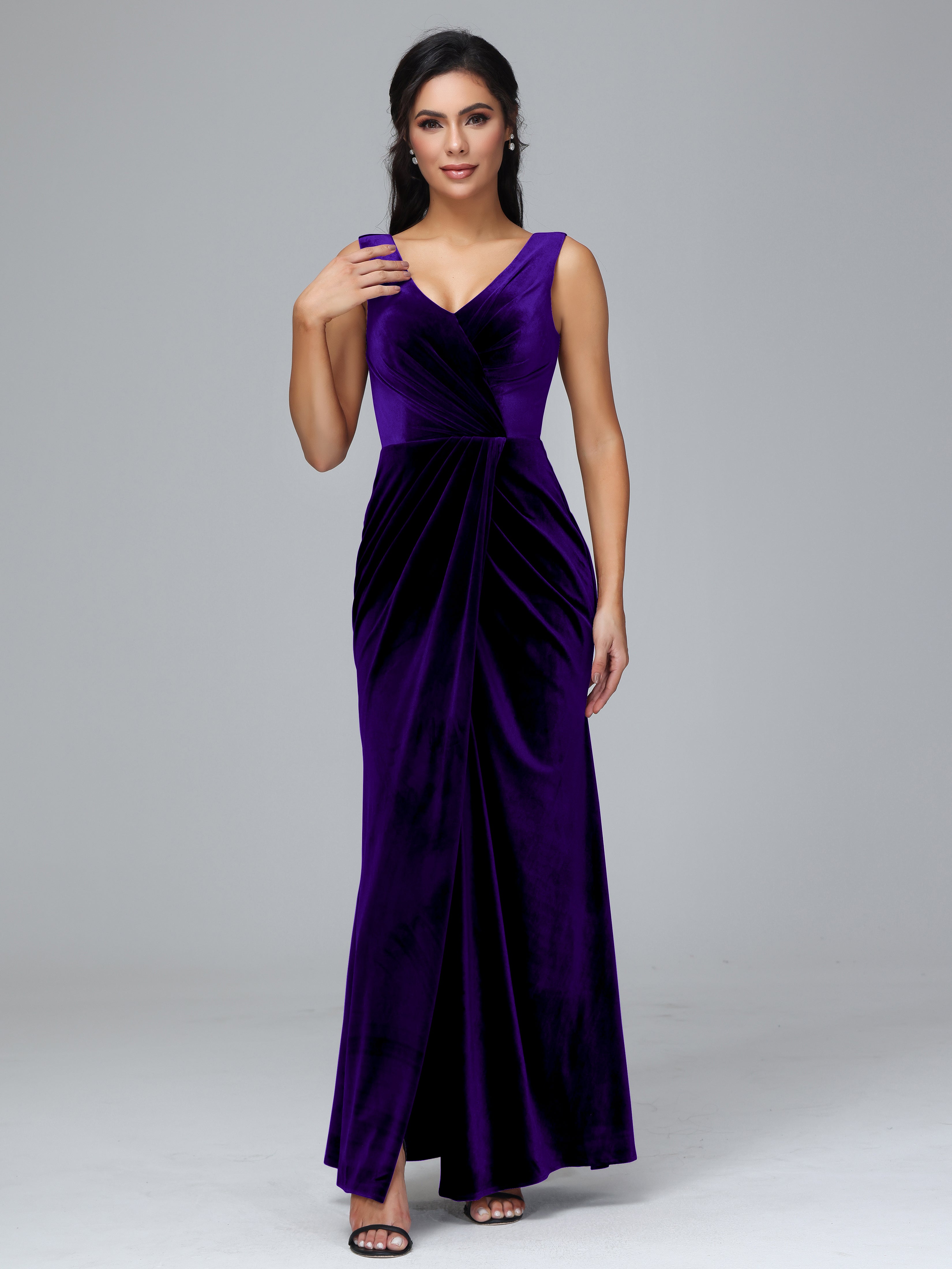 V Neck Velvet Bridesmaid Dress With Slit