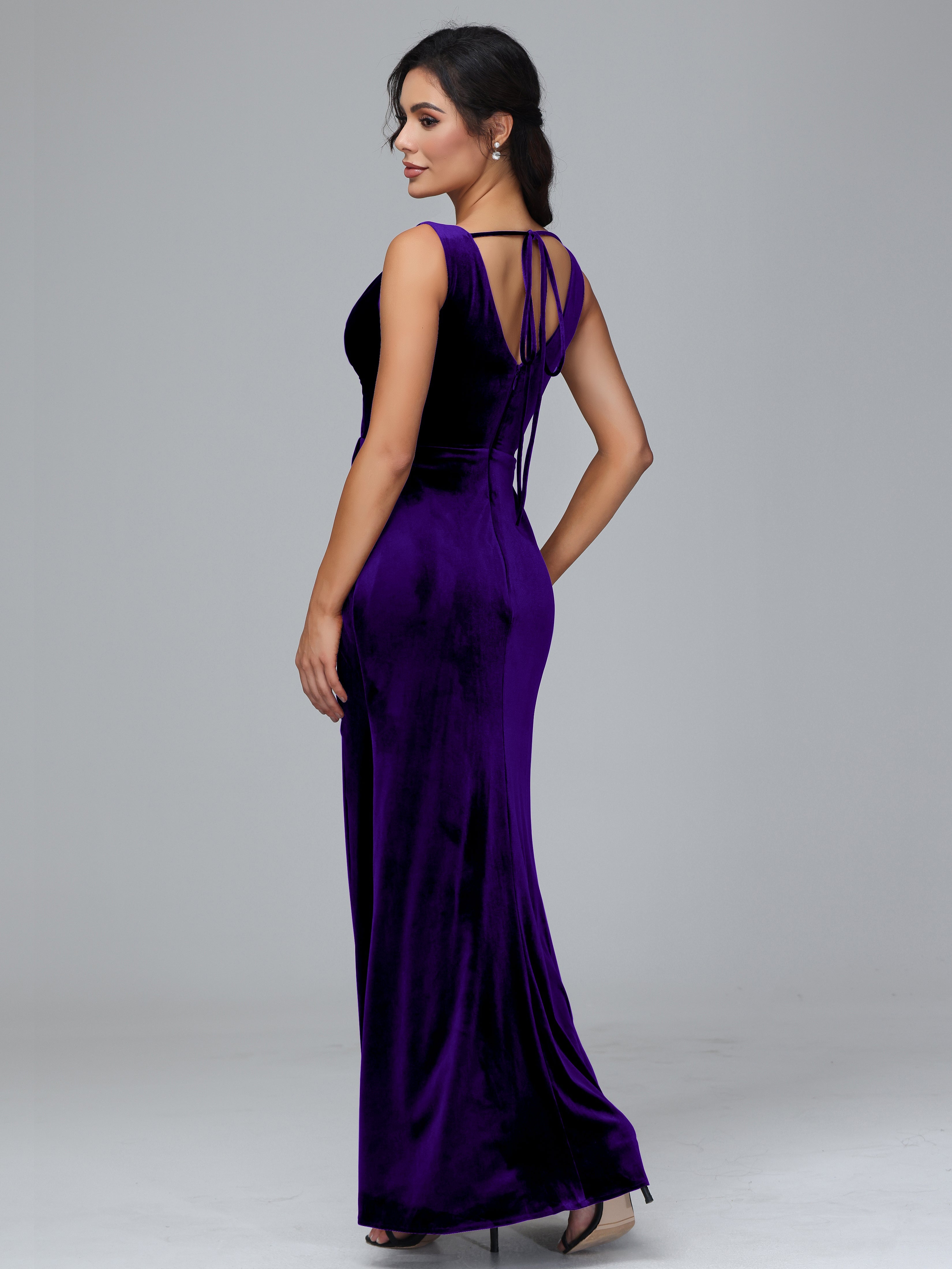 V Neck Velvet Bridesmaid Dress With Slit