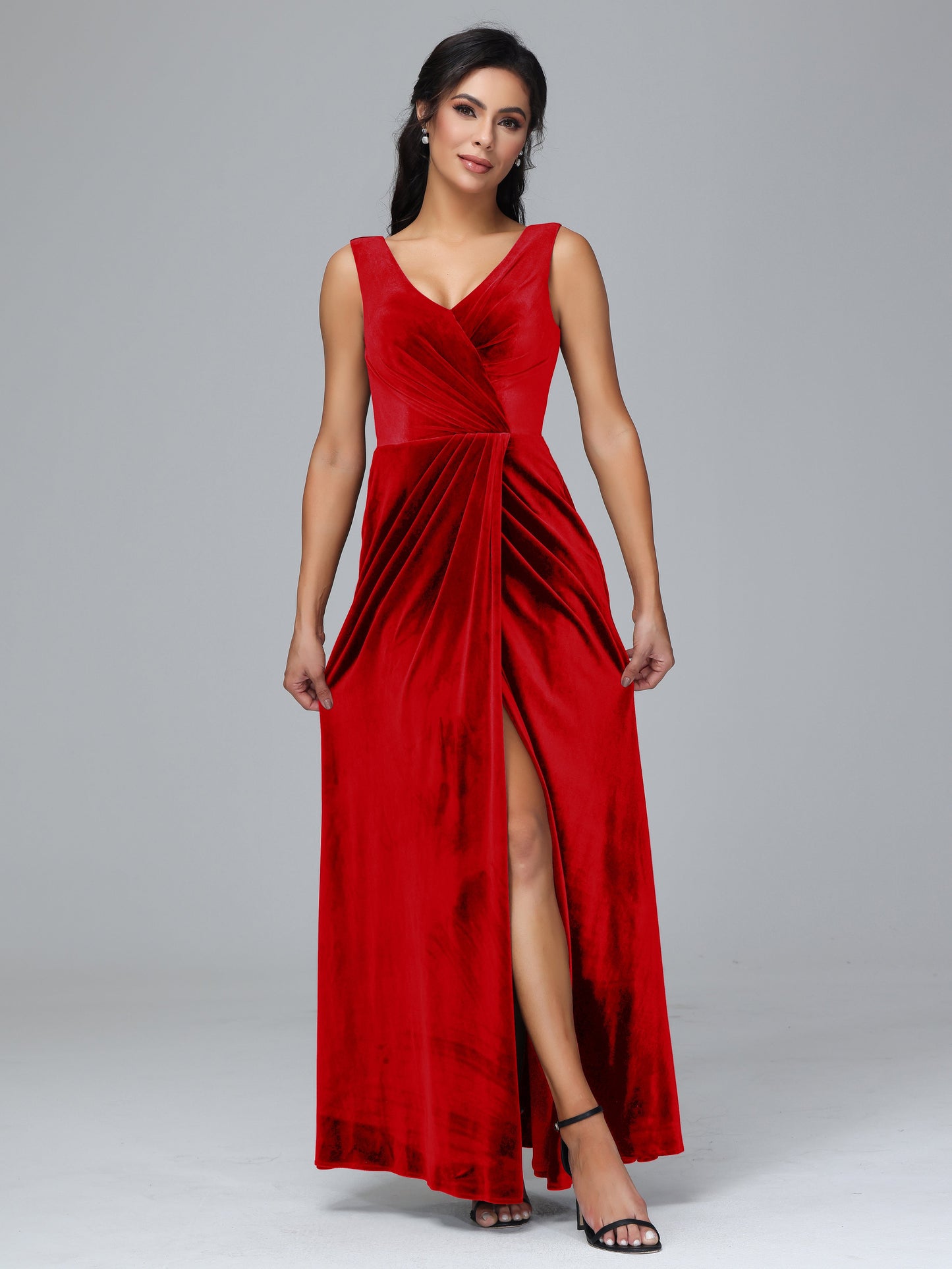 V Neck Velvet Bridesmaid Dress With Slit