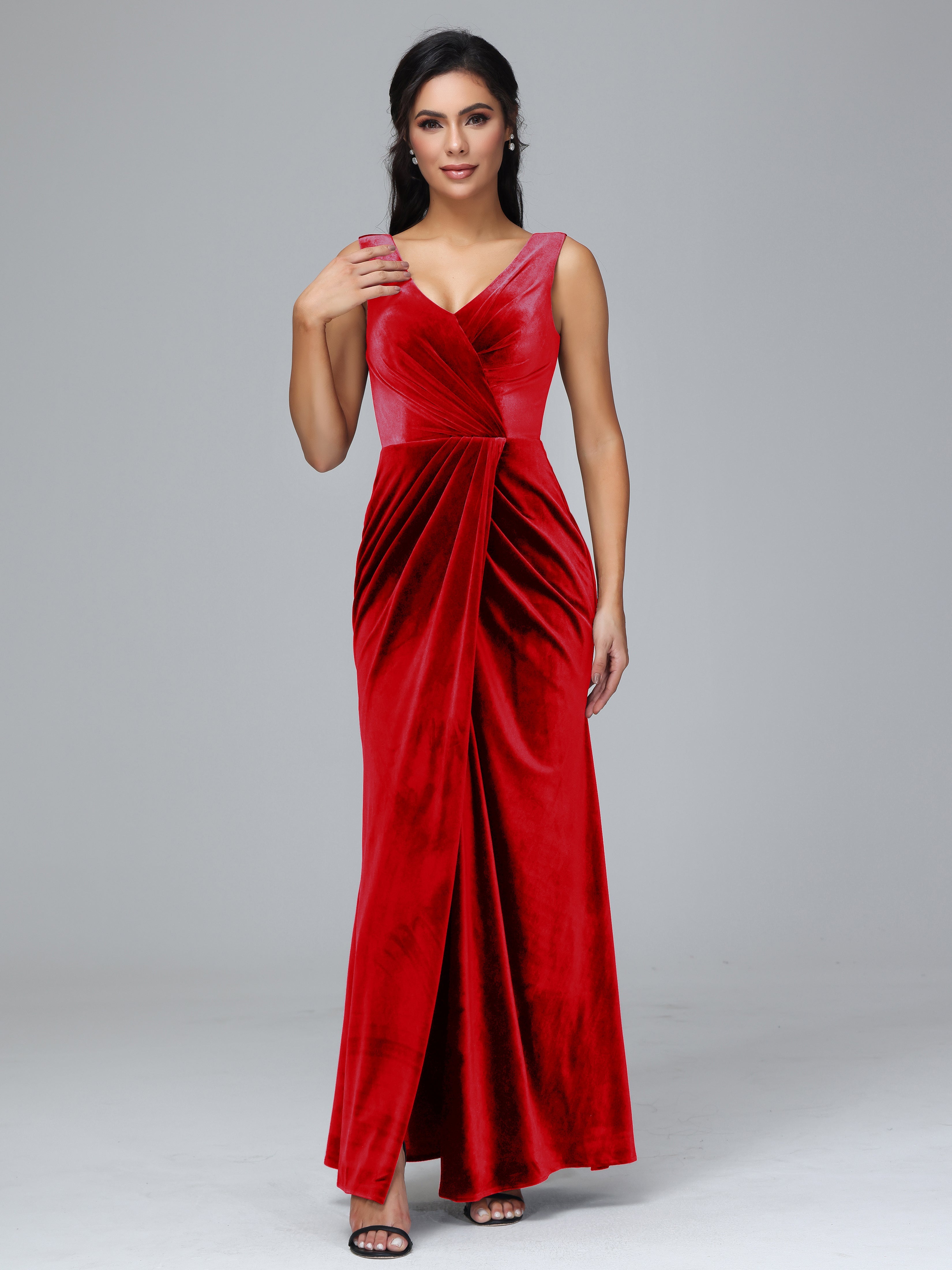 V Neck Velvet Bridesmaid Dress With Slit