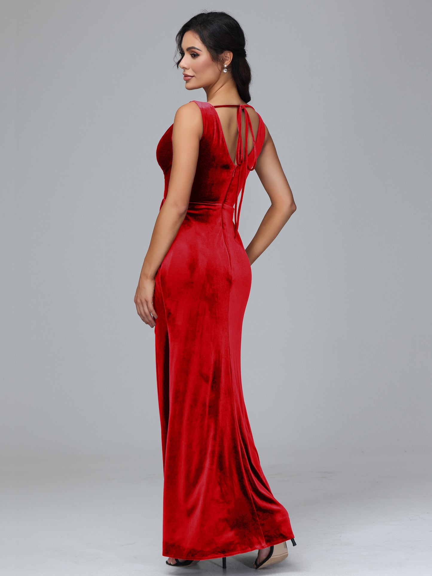 V Neck Velvet Bridesmaid Dress With Slit