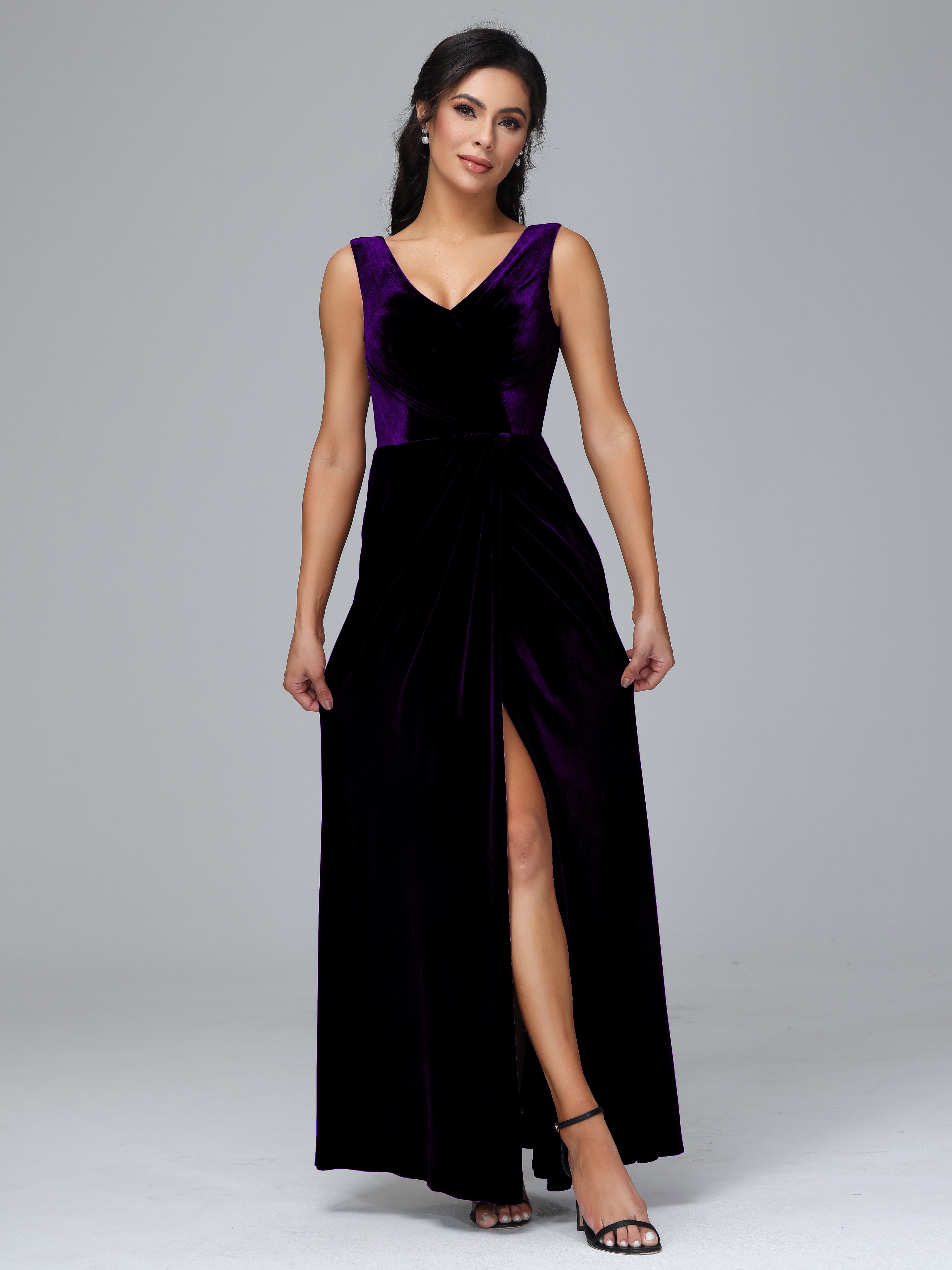V Neck Velvet Bridesmaid Dress With Slit