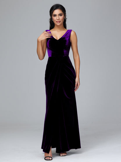 V Neck Velvet Bridesmaid Dress With Slit