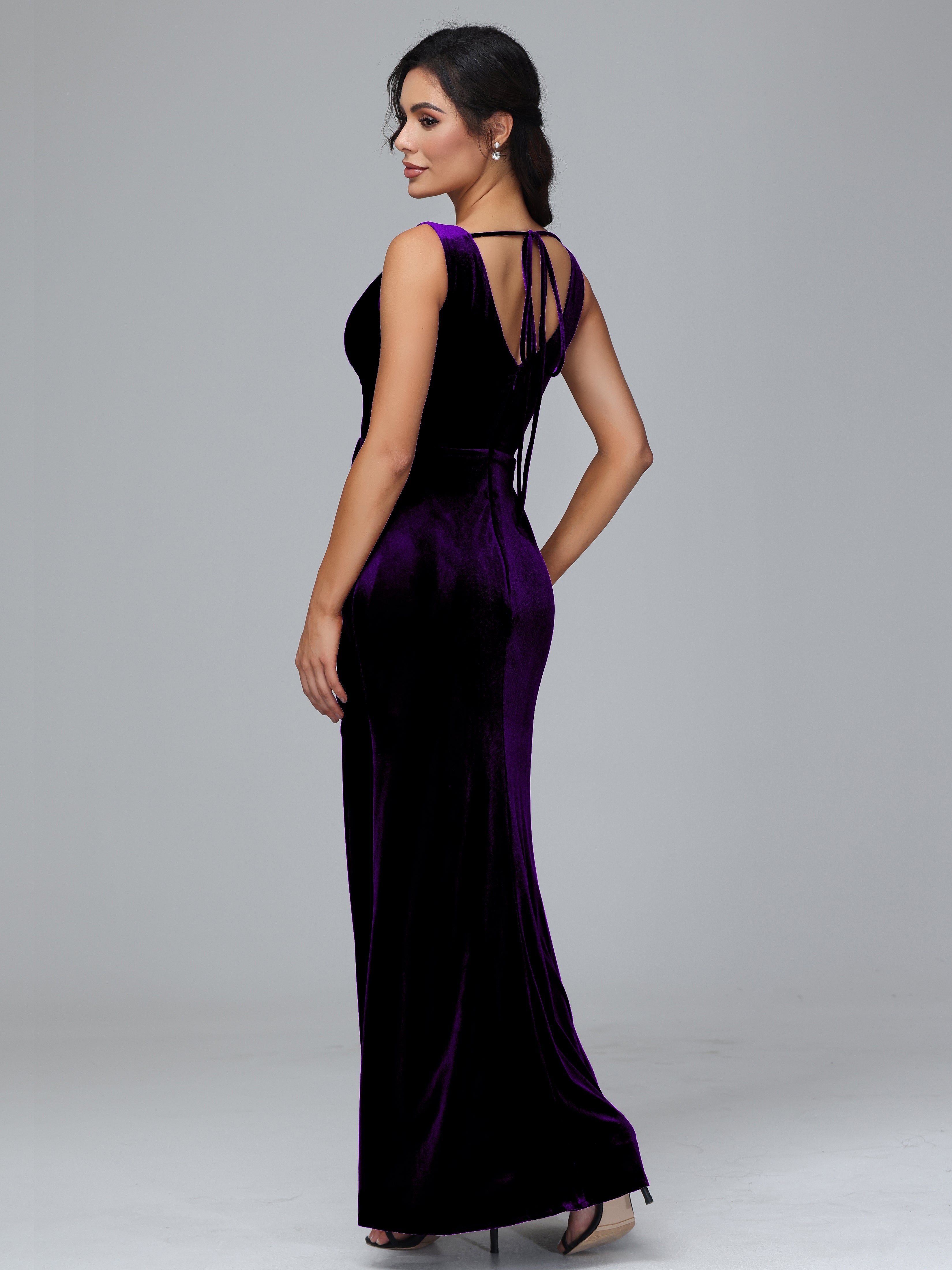 V Neck Velvet Bridesmaid Dress With Slit