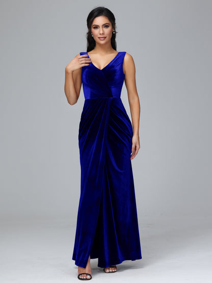 V Neck Velvet Bridesmaid Dress With Slit