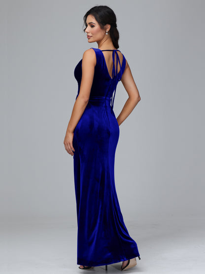 V Neck Velvet Bridesmaid Dress With Slit