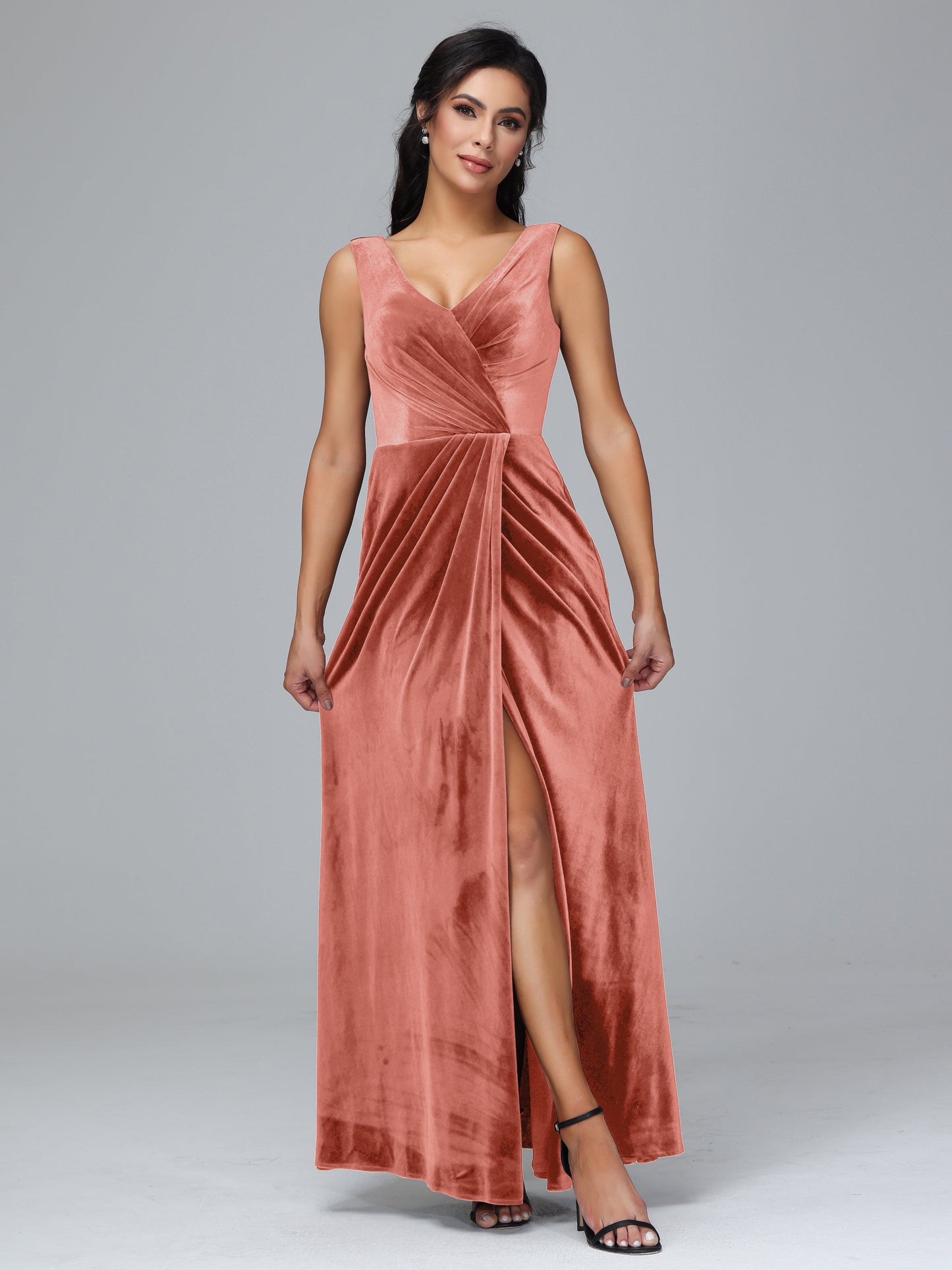 V Neck Velvet Bridesmaid Dress With Slit