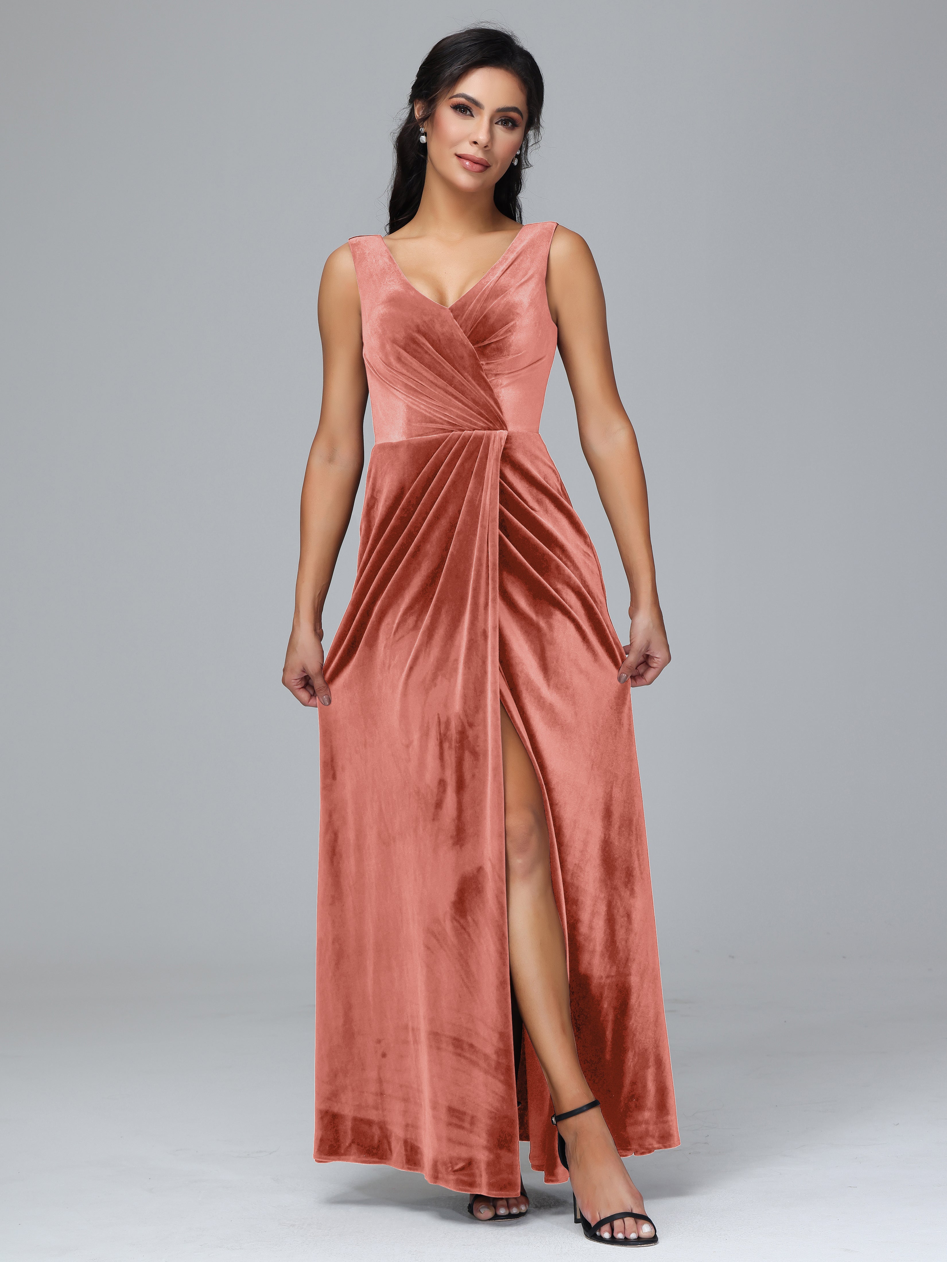 V Neck Velvet Bridesmaid Dress With Slit