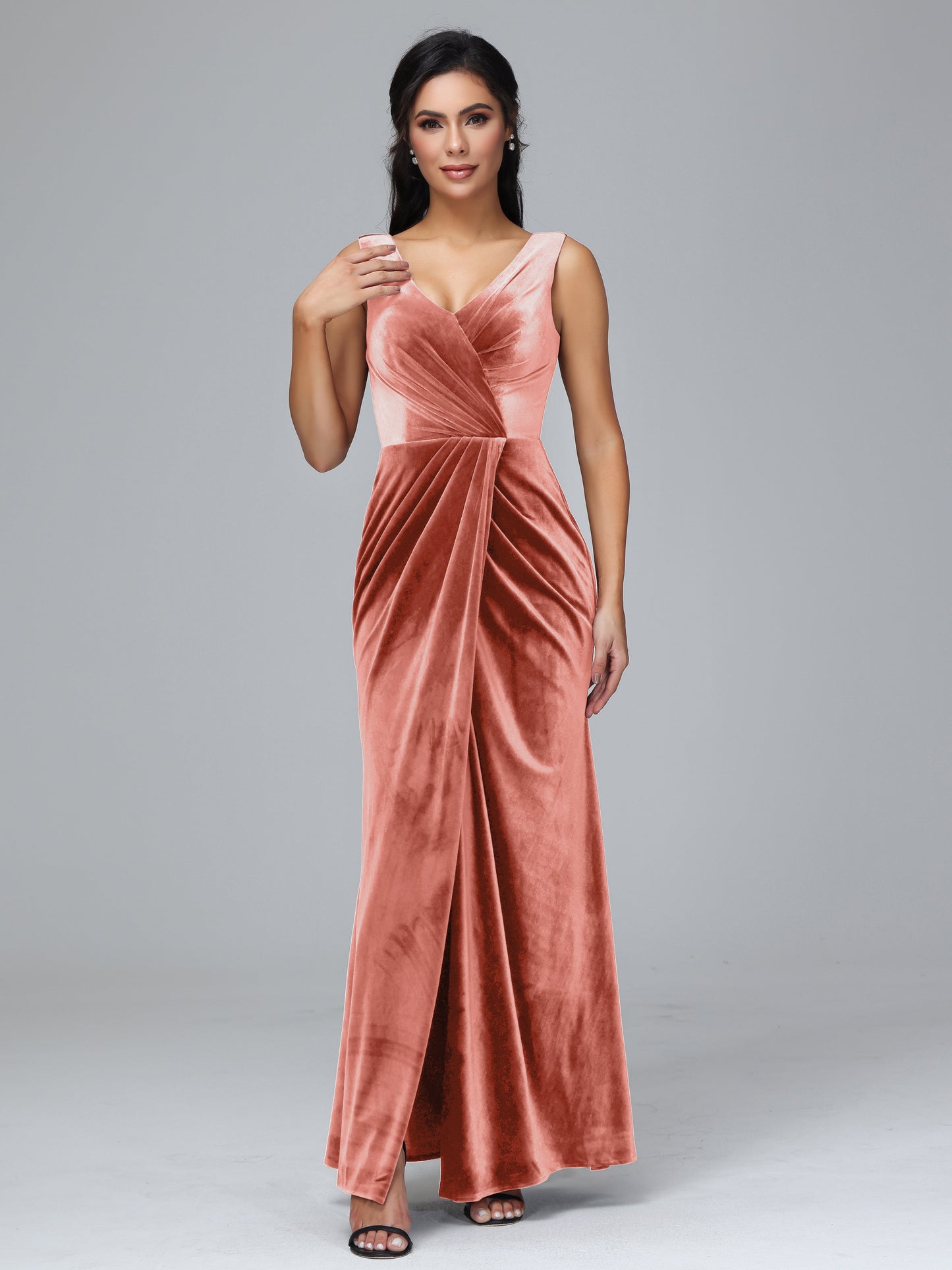 V Neck Velvet Bridesmaid Dress With Slit