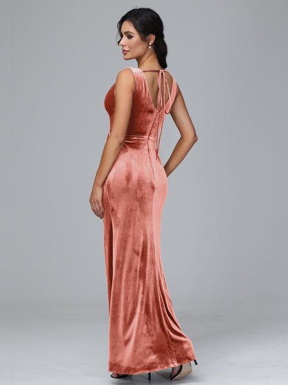 V Neck Velvet Bridesmaid Dress With Slit