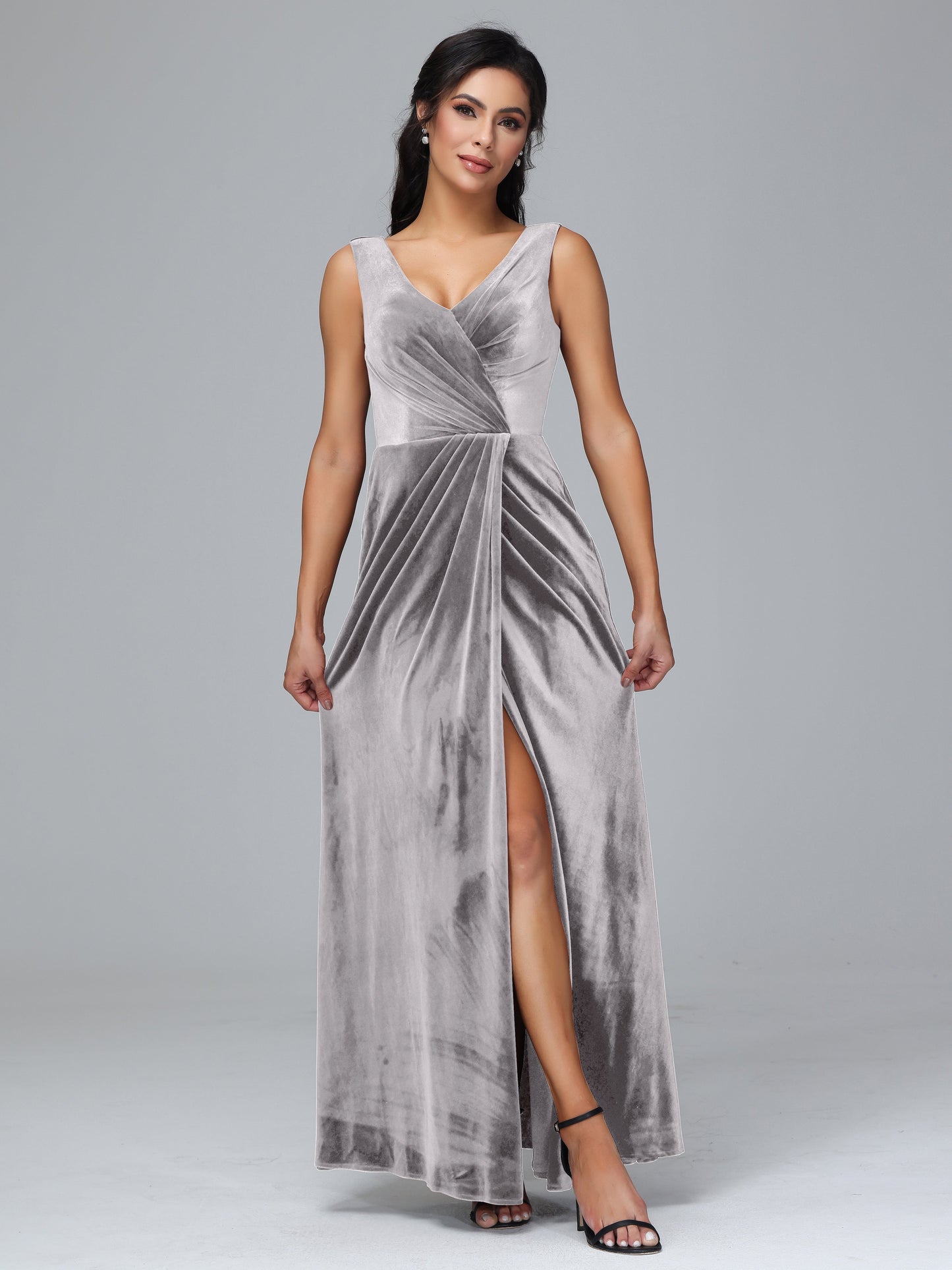 V Neck Velvet Bridesmaid Dress With Slit