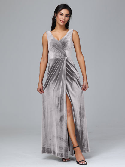 V Neck Velvet Bridesmaid Dress With Slit