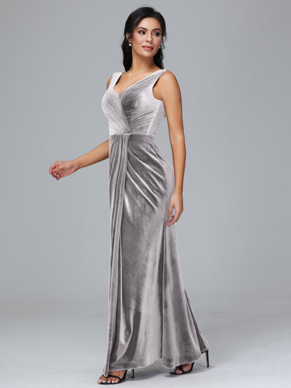 V Neck Velvet Bridesmaid Dress With Slit