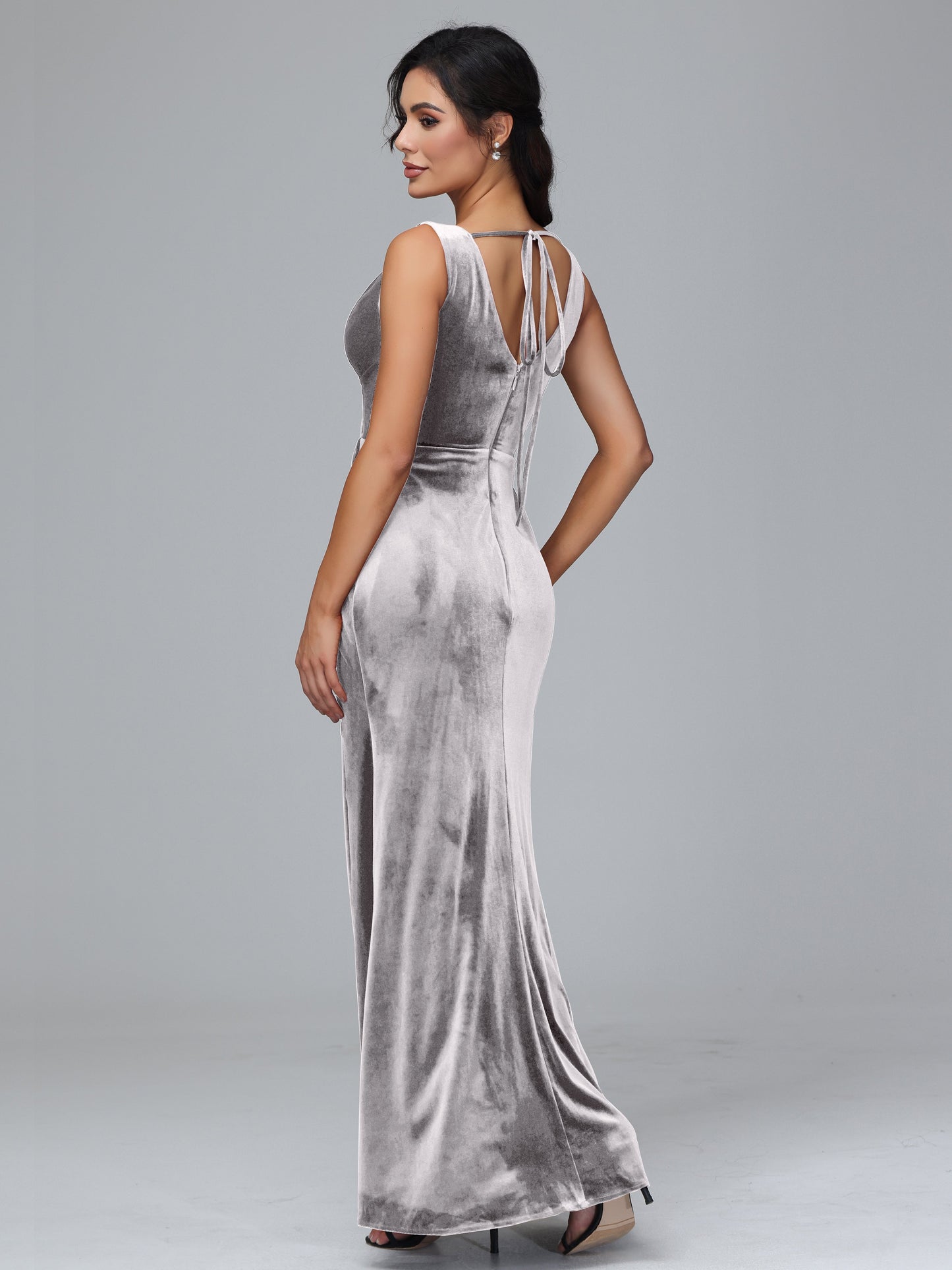 V Neck Velvet Bridesmaid Dress With Slit