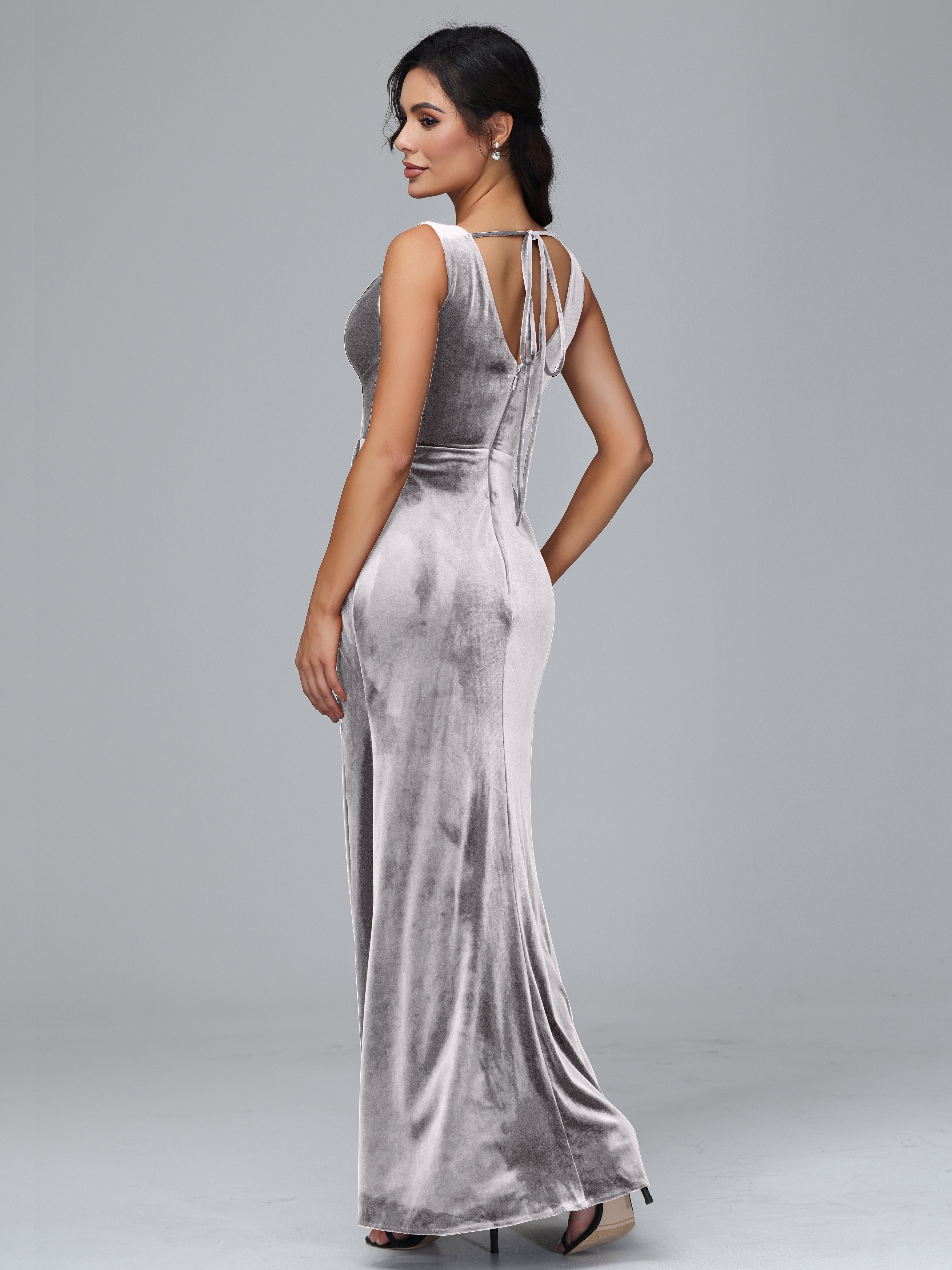 V Neck Velvet Bridesmaid Dress With Slit