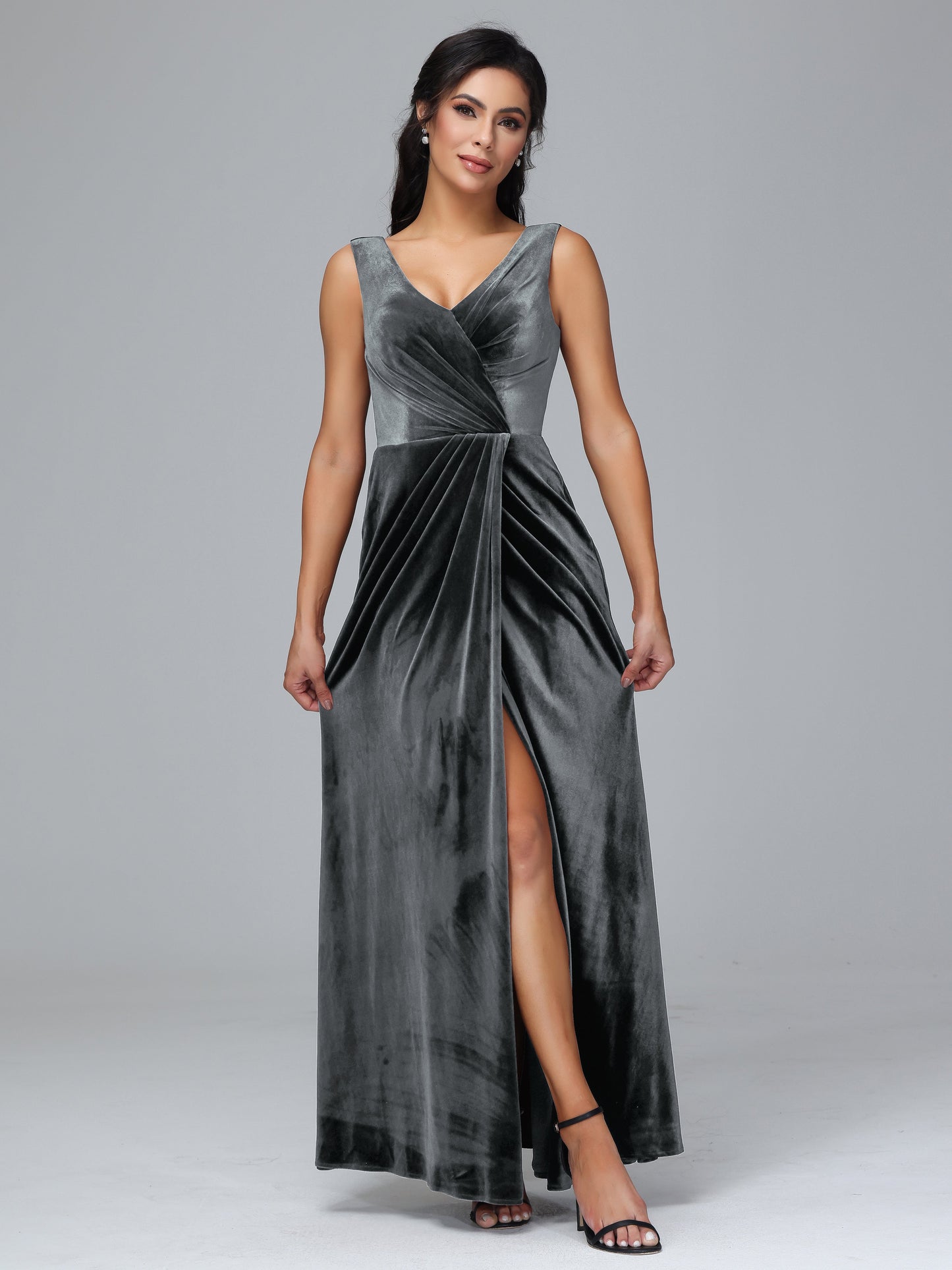 V Neck Velvet Bridesmaid Dress With Slit